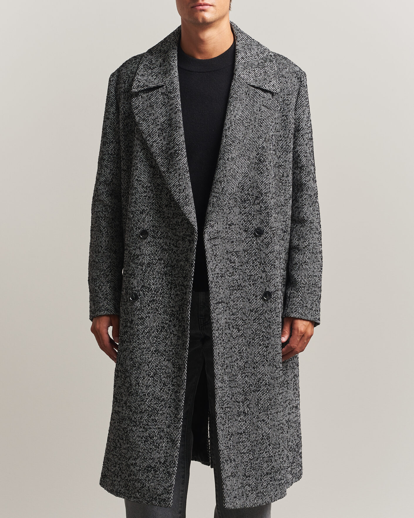 Herr | Jackor | HUGO | Milas Herringbone Double Breasted Coat Dark Grey