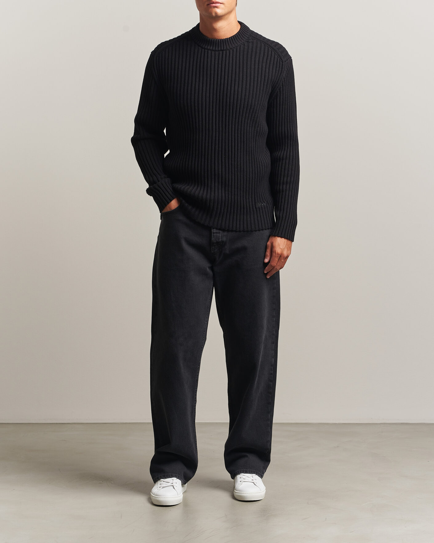 Herr | Tröjor | HUGO | Sribban Cotton Knitted Sweater Black