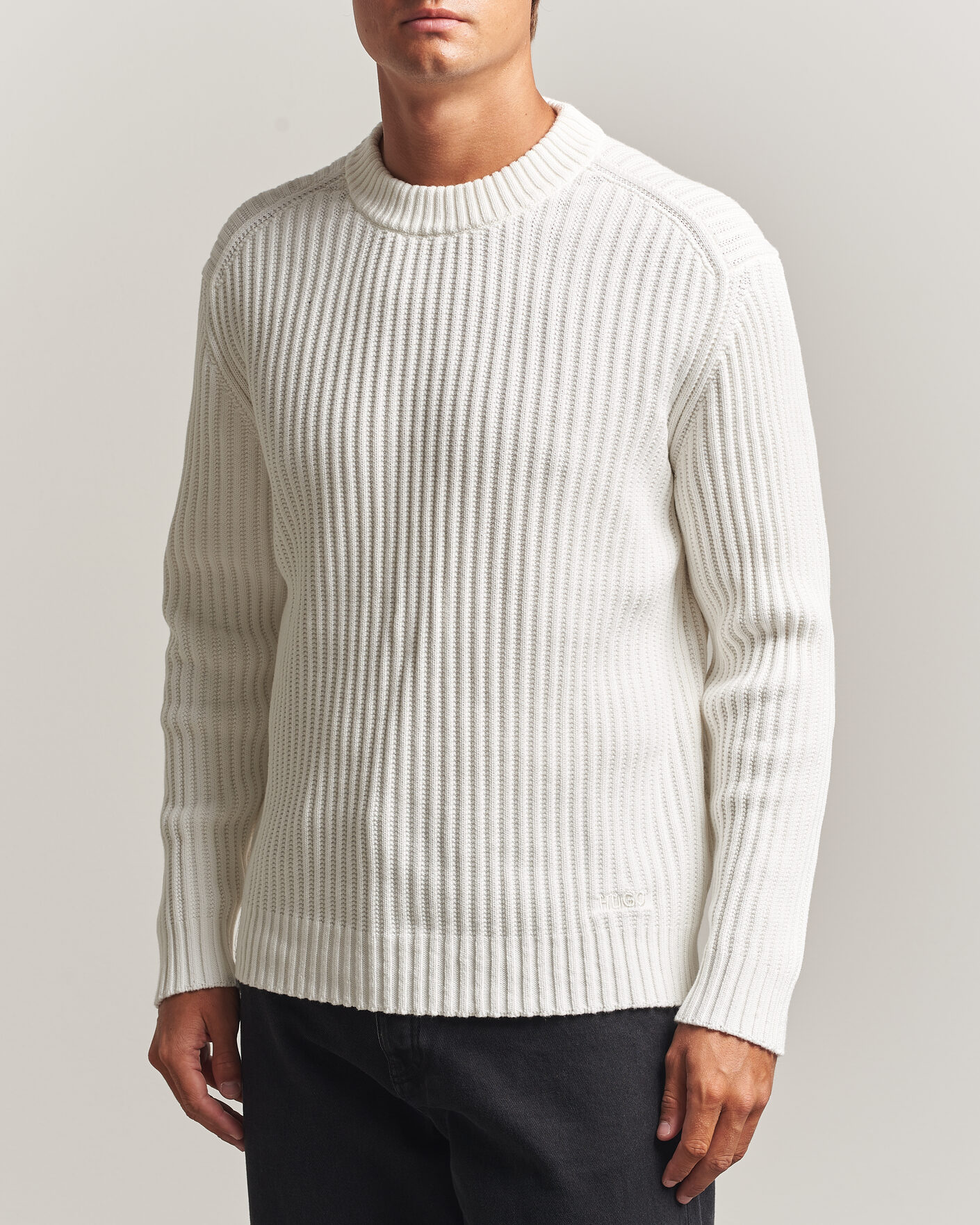 Herr | Tröjor | HUGO | Sribban Cotton Knitted Sweater Natural