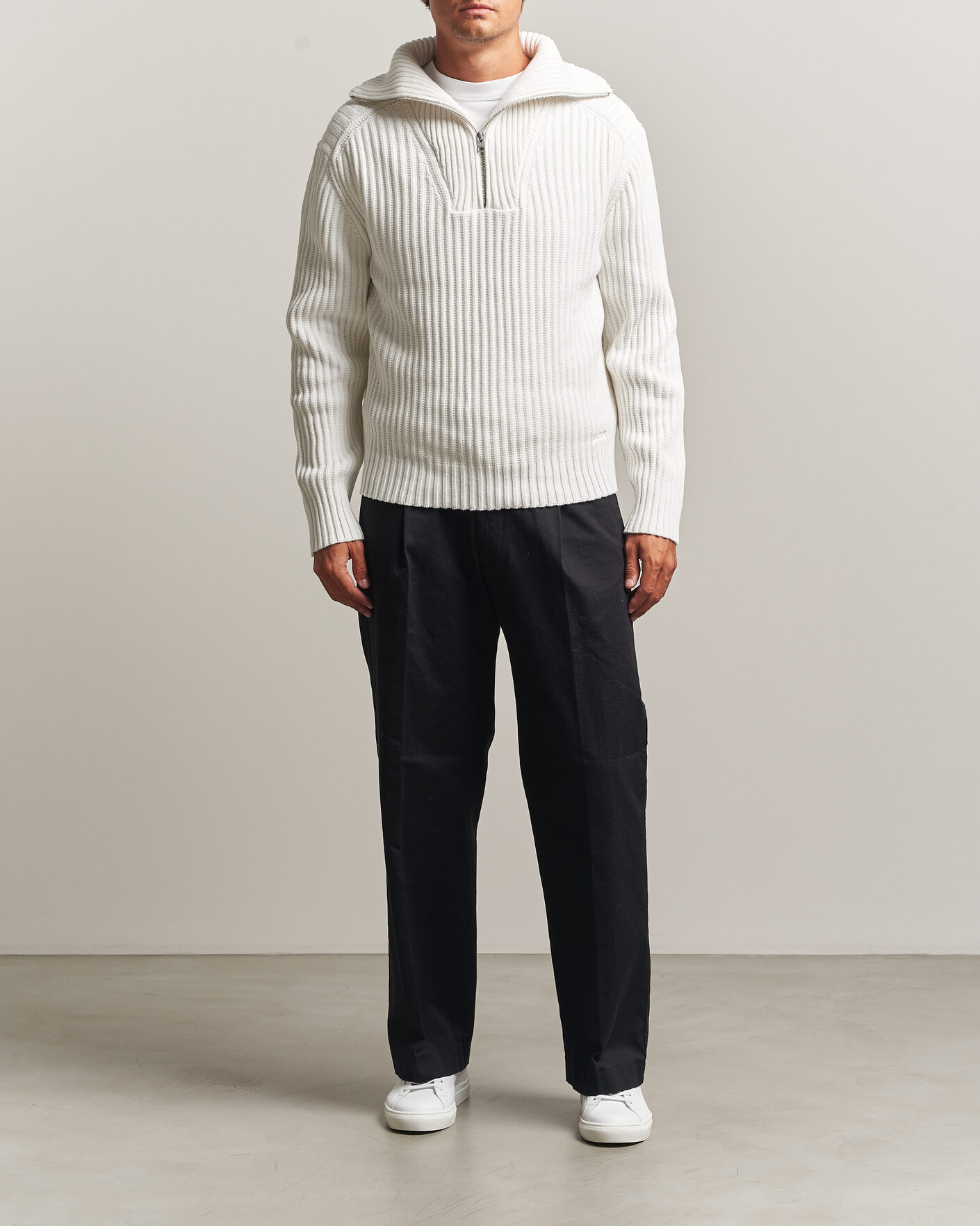 Herr | Tröjor | HUGO | Srtithon Cotton Knitted Half Zip Natural