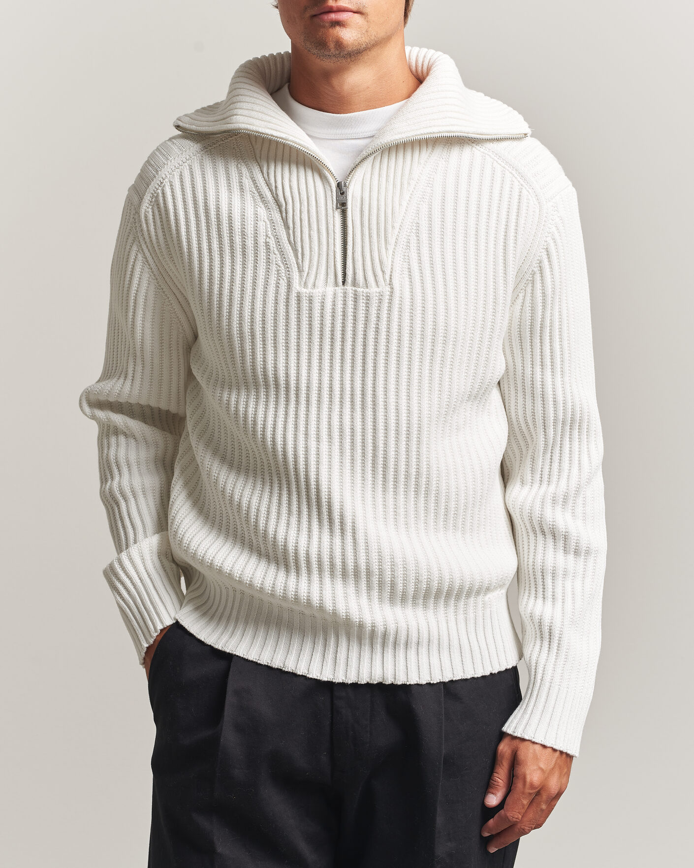 Herr | Tröjor | HUGO | Srtithon Cotton Knitted Half Zip Natural