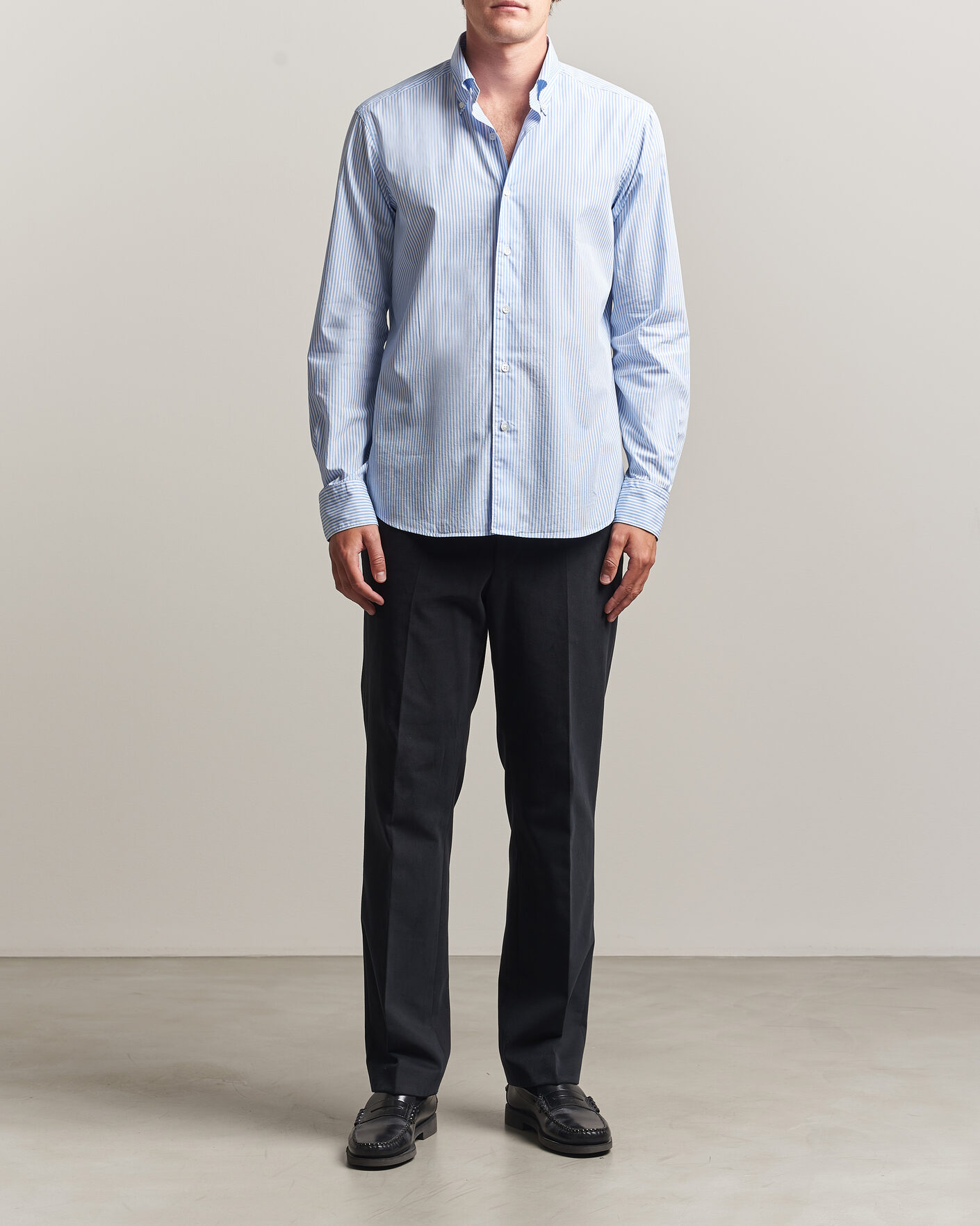 Herr | Skjortor | Grigio | Popeline Button Down Shirt Light Blue Stripe