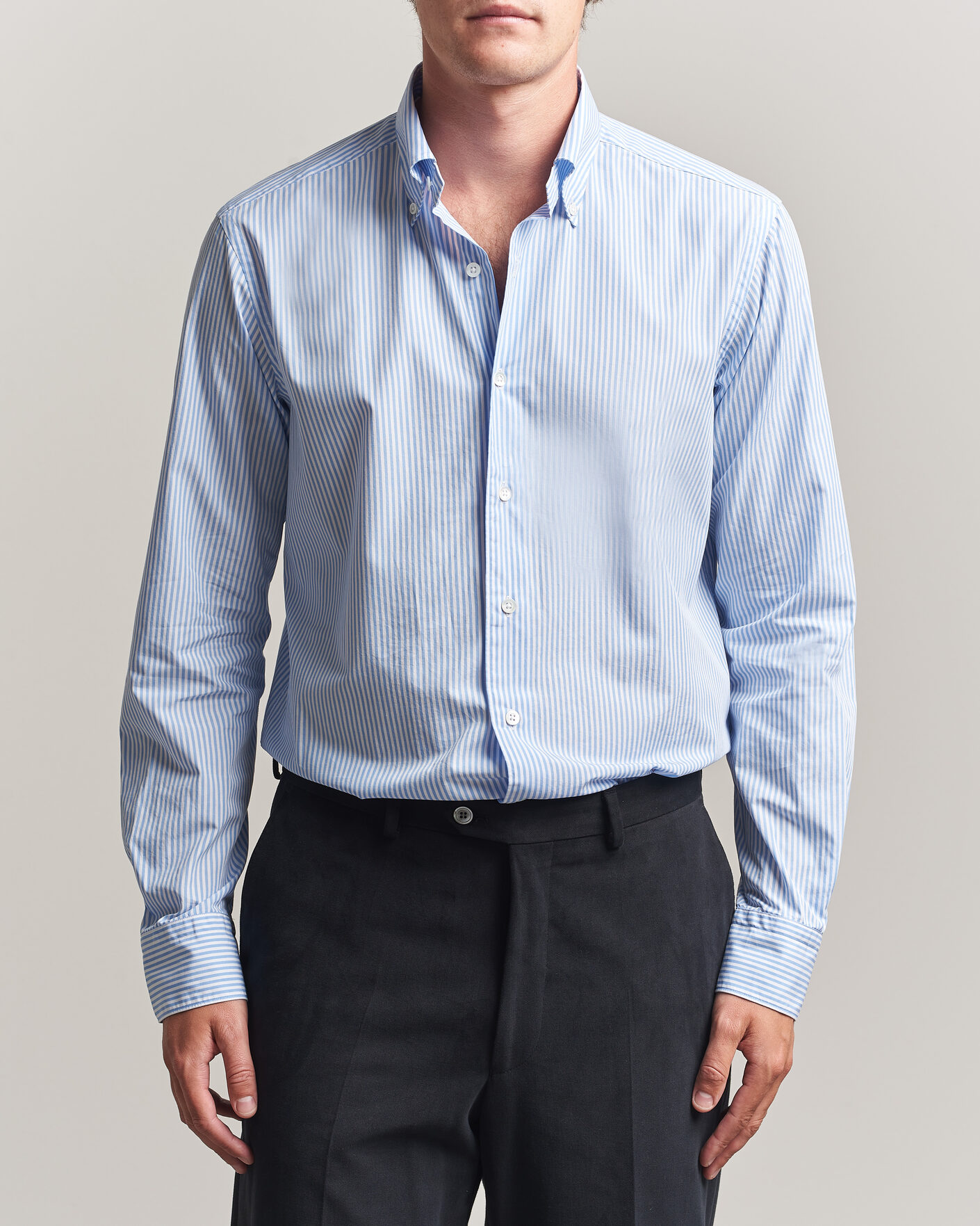 Herr | Skjortor | Grigio | Popeline Button Down Shirt Light Blue Stripe