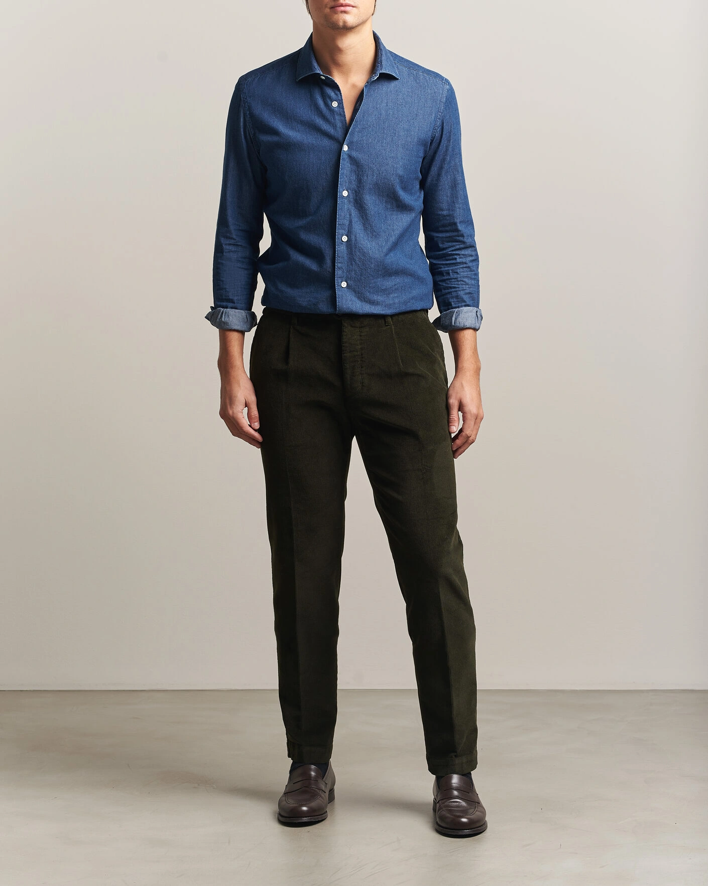 Herr | Byxor | Incotex | Regular Fit Washed Corduroy Slacks Forest Green
