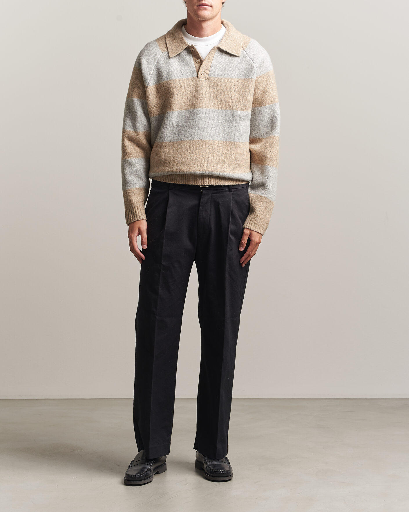 Herr | Tröjor | LES DEUX | Striped Melange Knit Polo Light Sand Melange