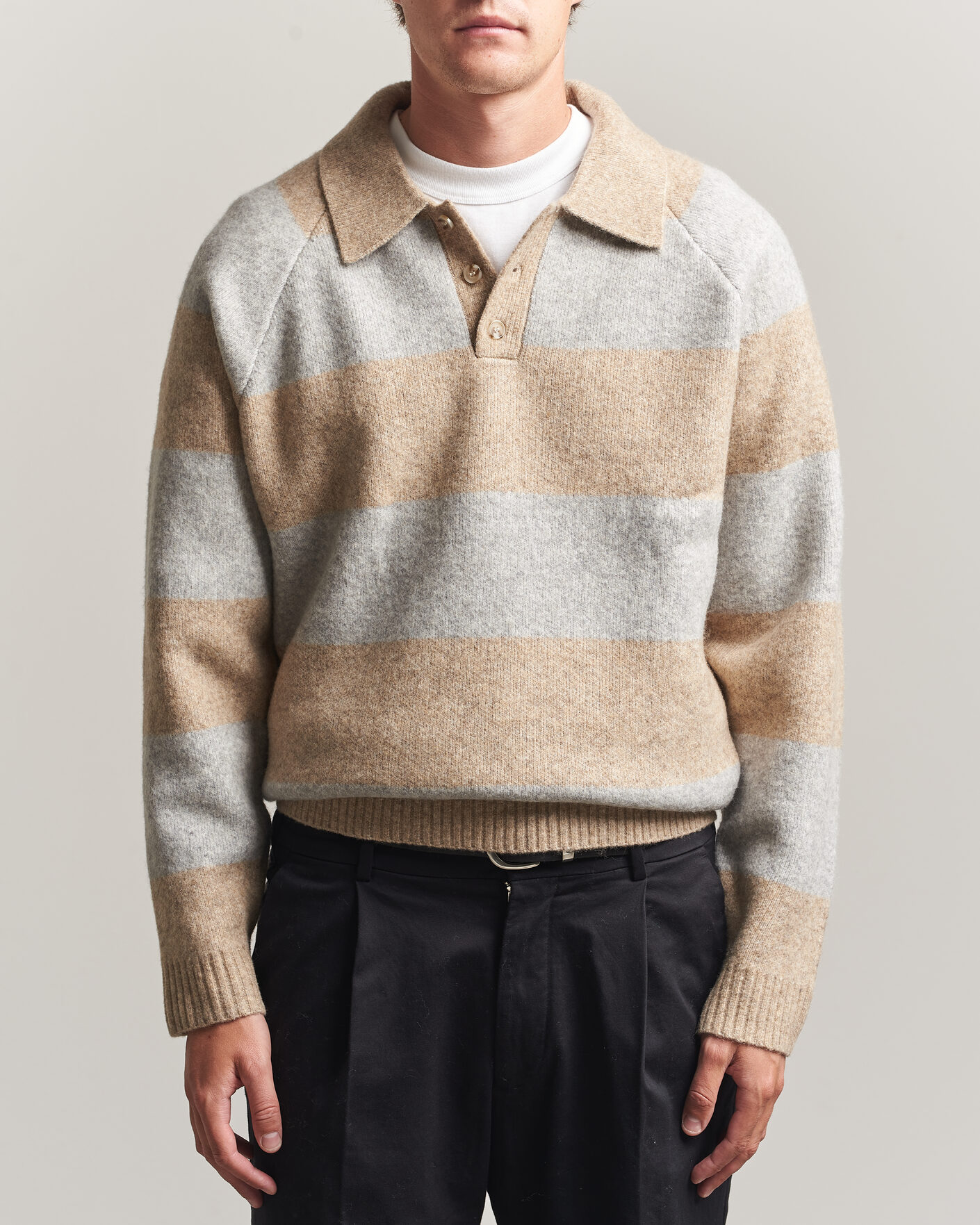 Herr | Tröjor | LES DEUX | Striped Melange Knit Polo Light Sand Melange