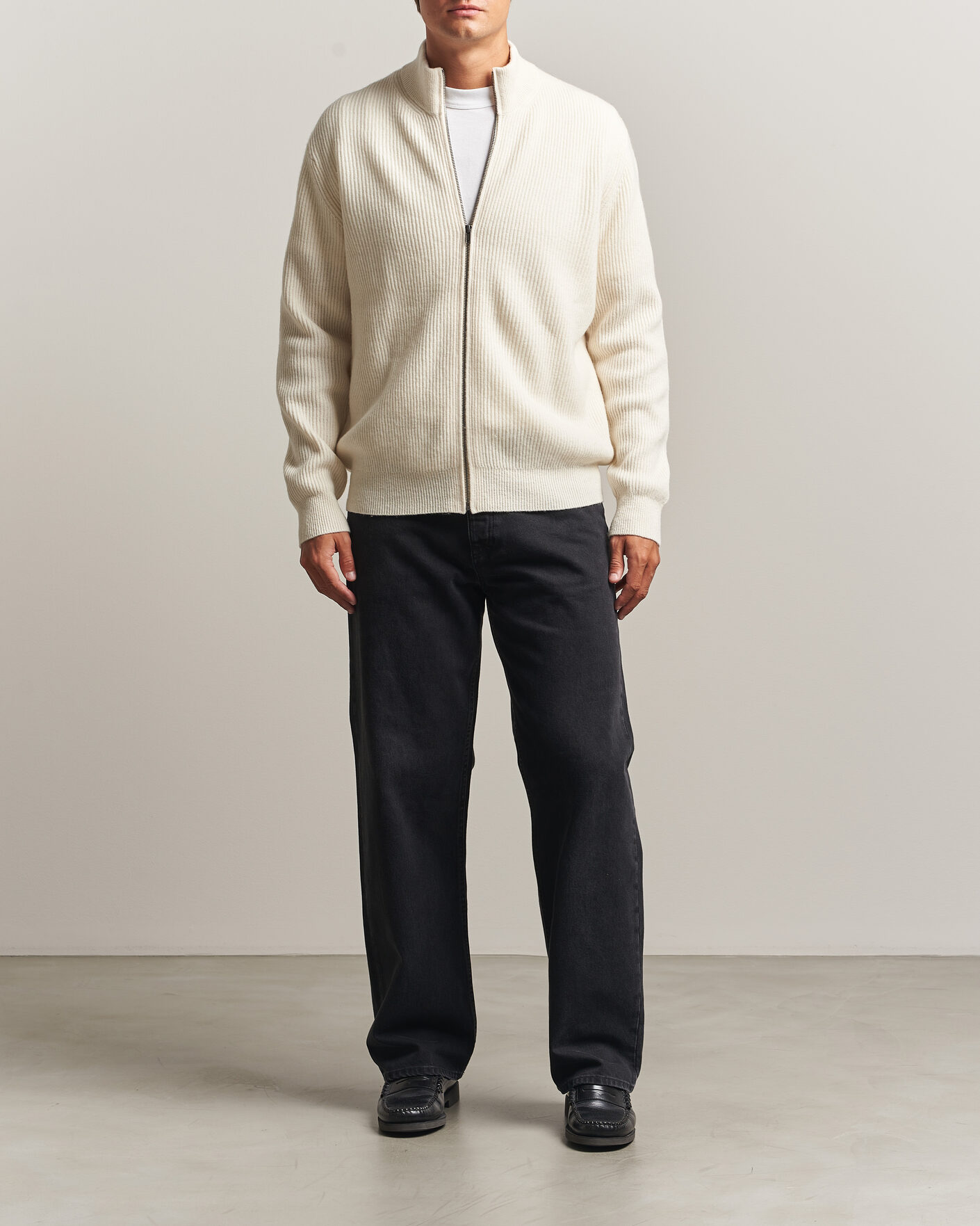 Herr | Tröjor | LES DEUX | Wool Rib Zipper Knit Ivory Melange