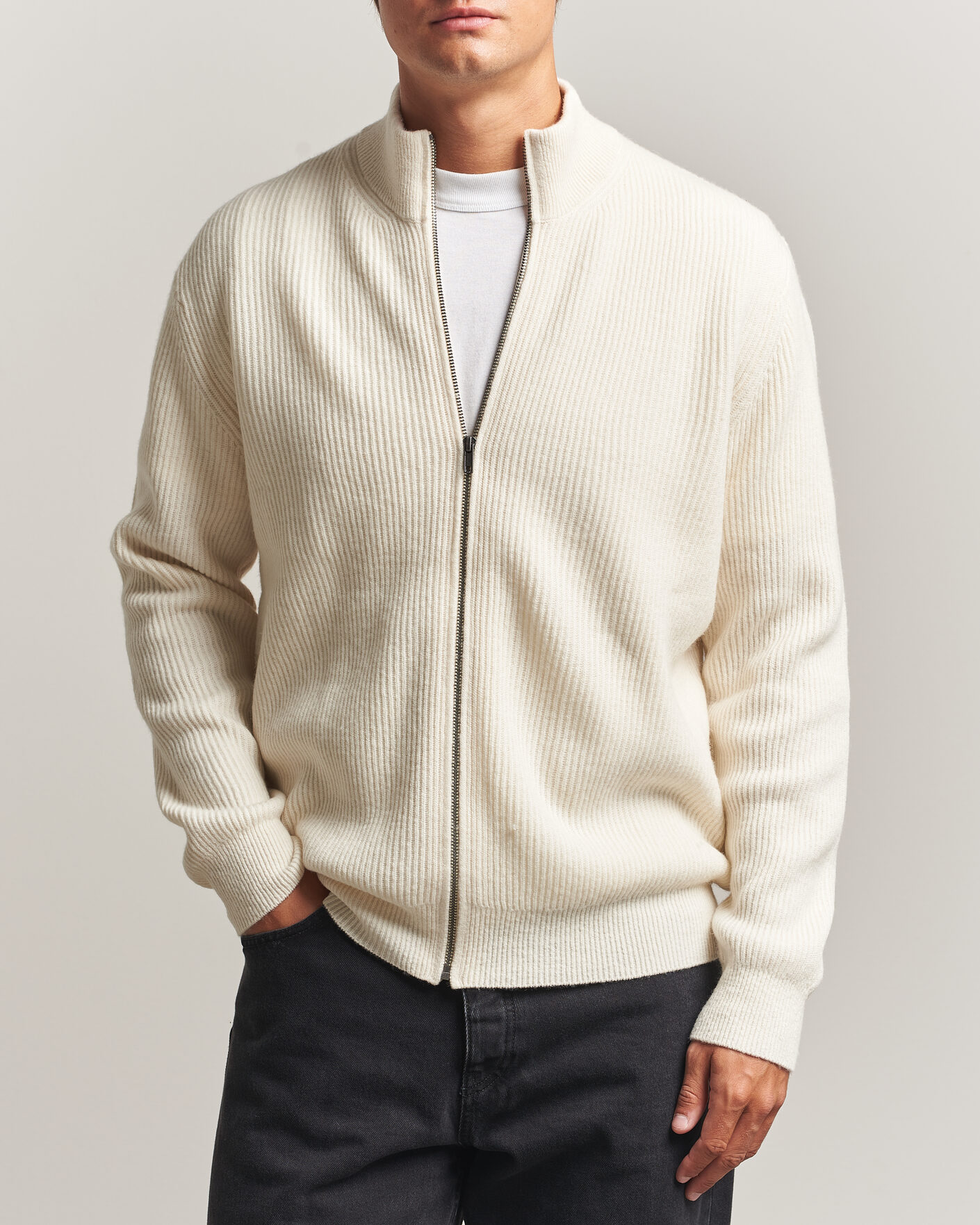 Herr | Tröjor | LES DEUX | Wool Rib Zipper Knit Ivory Melange