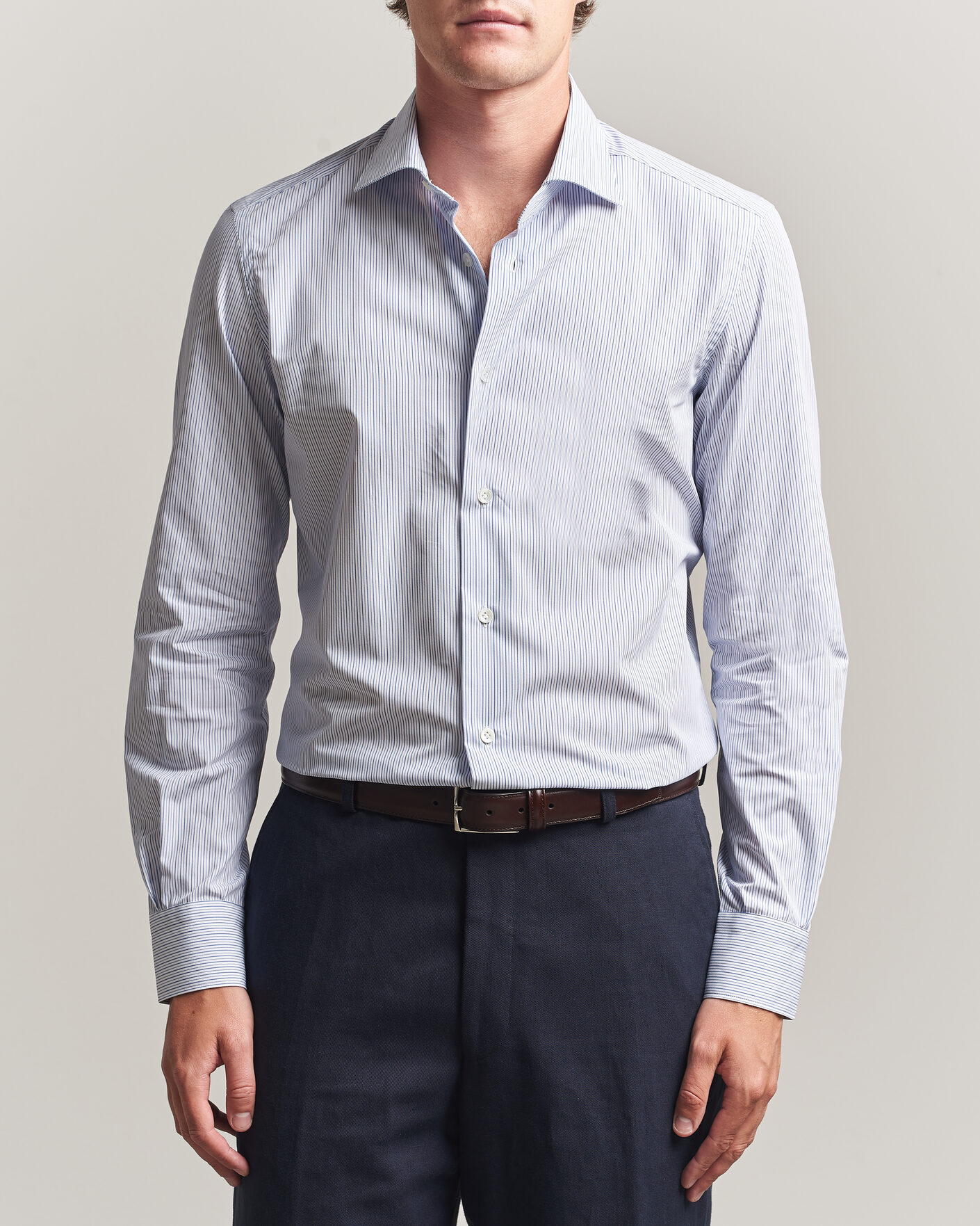 Herr | Skjortor | Mazzarelli | Soft Cotton Popeline Shirt Blue Stripe