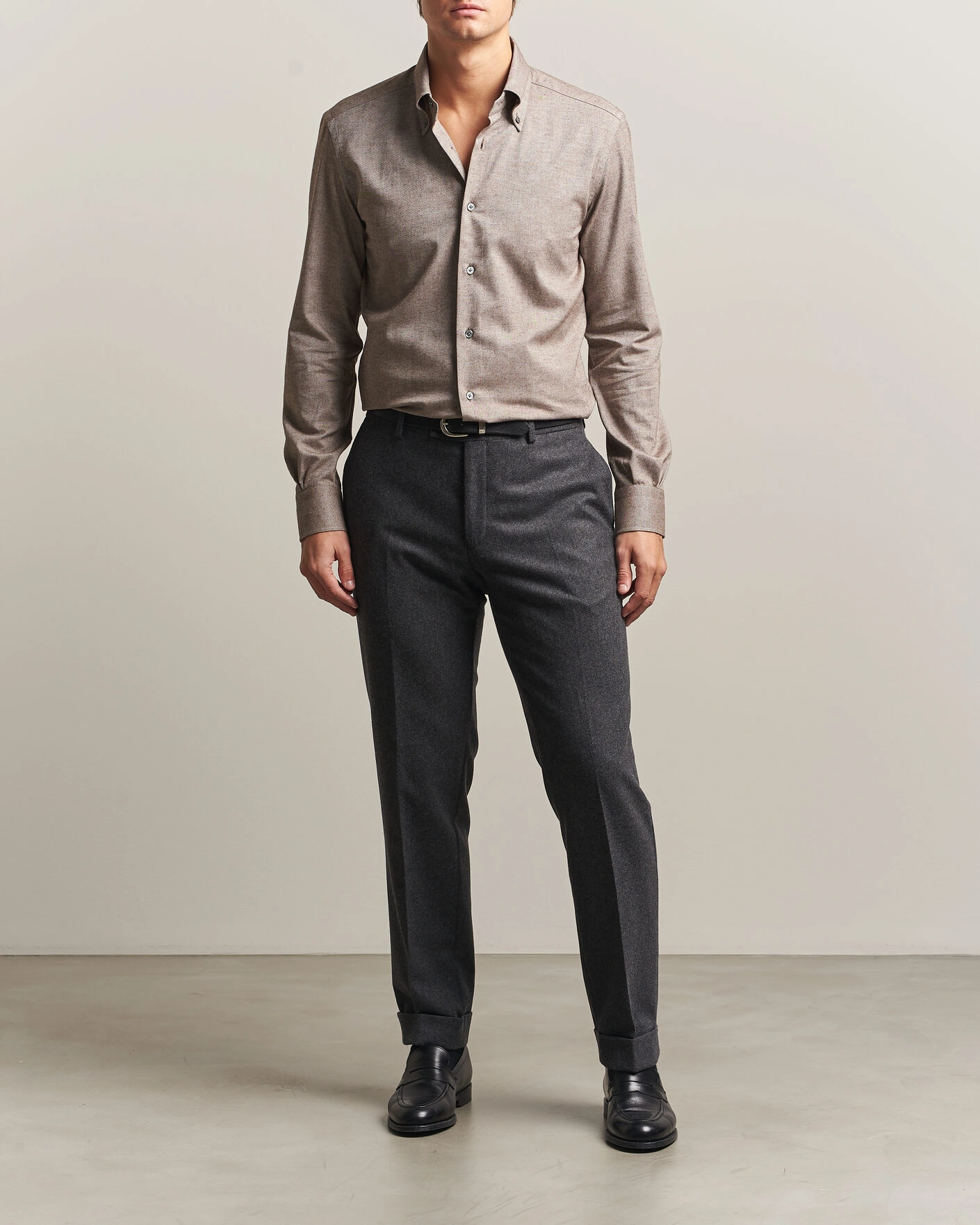 Herr | Skjortor | Mazzarelli | Soft Flannel Button Down Shirt Taupe