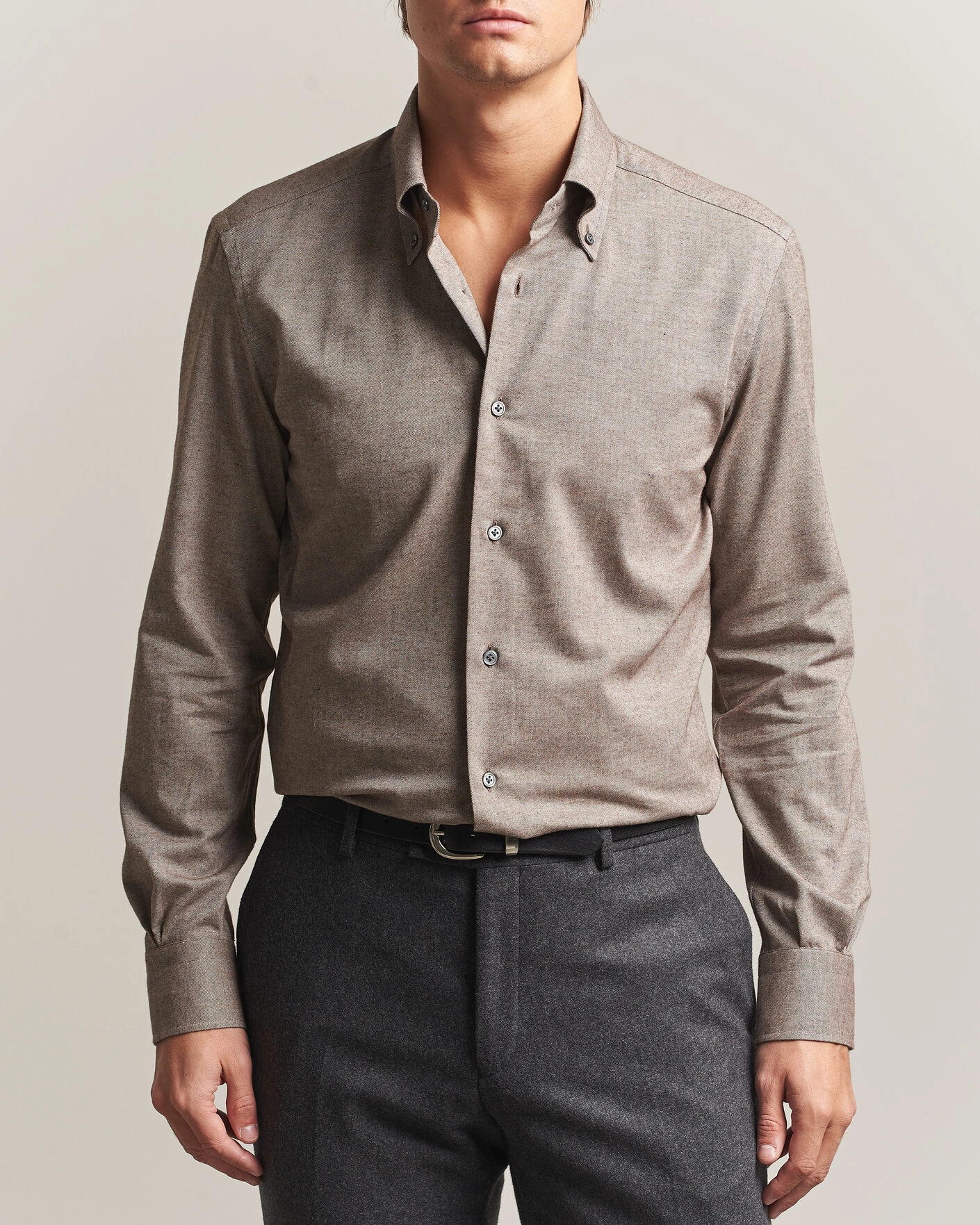 Herr | Skjortor | Mazzarelli | Soft Flannel Button Down Shirt Taupe