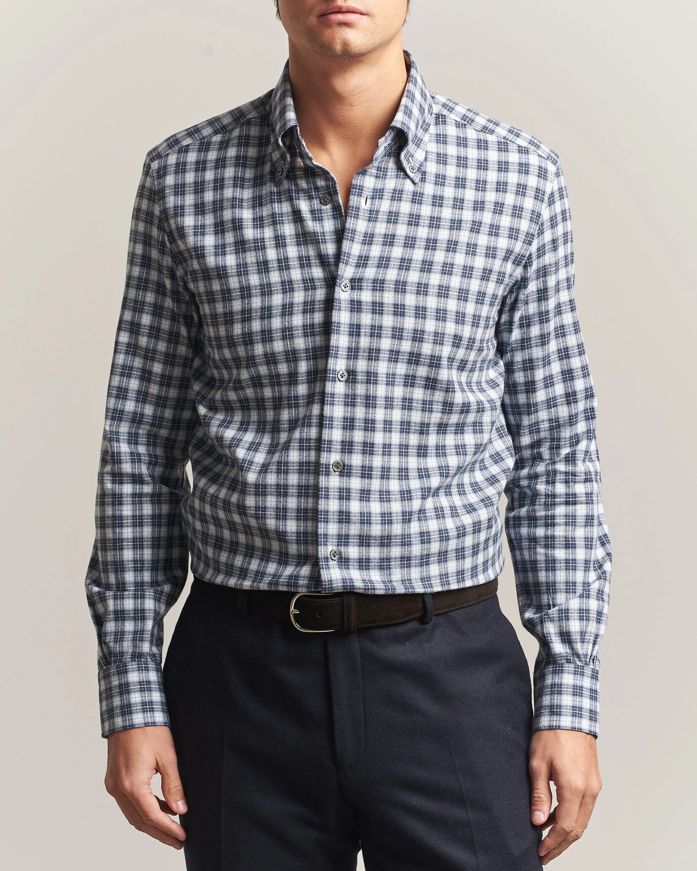 Herr | Skjortor | Mazzarelli | Soft Flannel Button Down Shirt Navy
