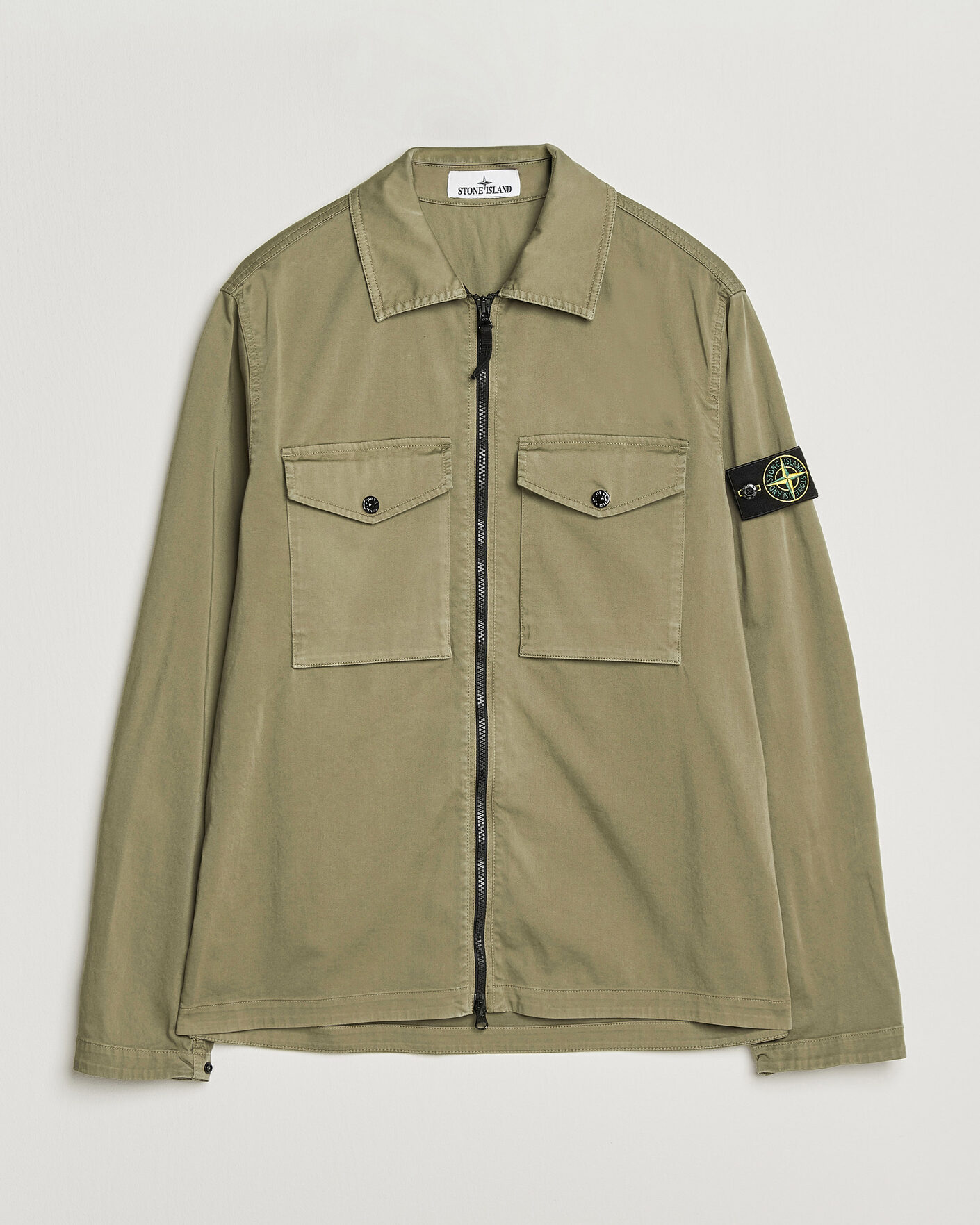 Herr | Skjortor | Stone Island | Organic Cotton Satin Stretch Zip Overshirt Miltary Green