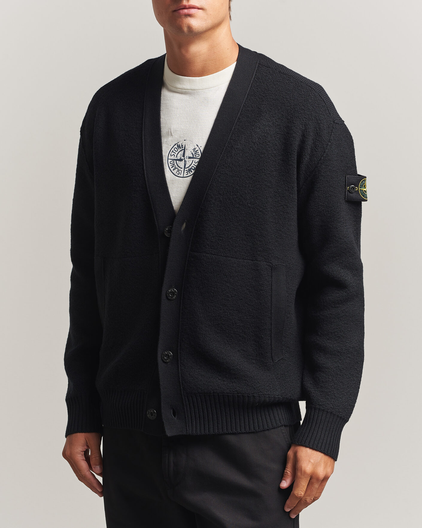 Herr | Tröjor | Stone Island | Textured Stitch Wool Cardigan Black