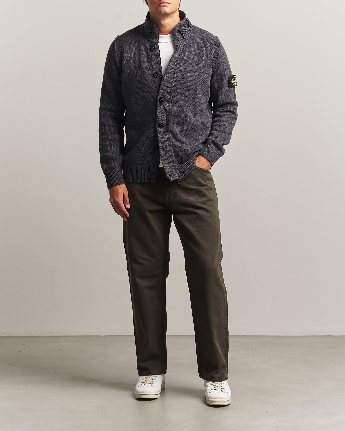 Herr | Tröjor | Stone Island | Knitted Lambswool Zip Button Cardigan Melange Lead
