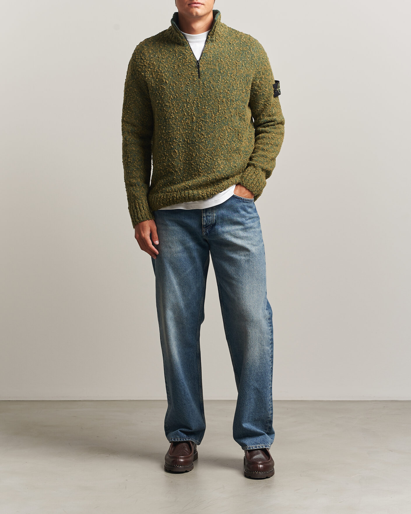 Herr | Tröjor | Stone Island | Speckled Wool/Nylon Half Zip Dark Green Melange