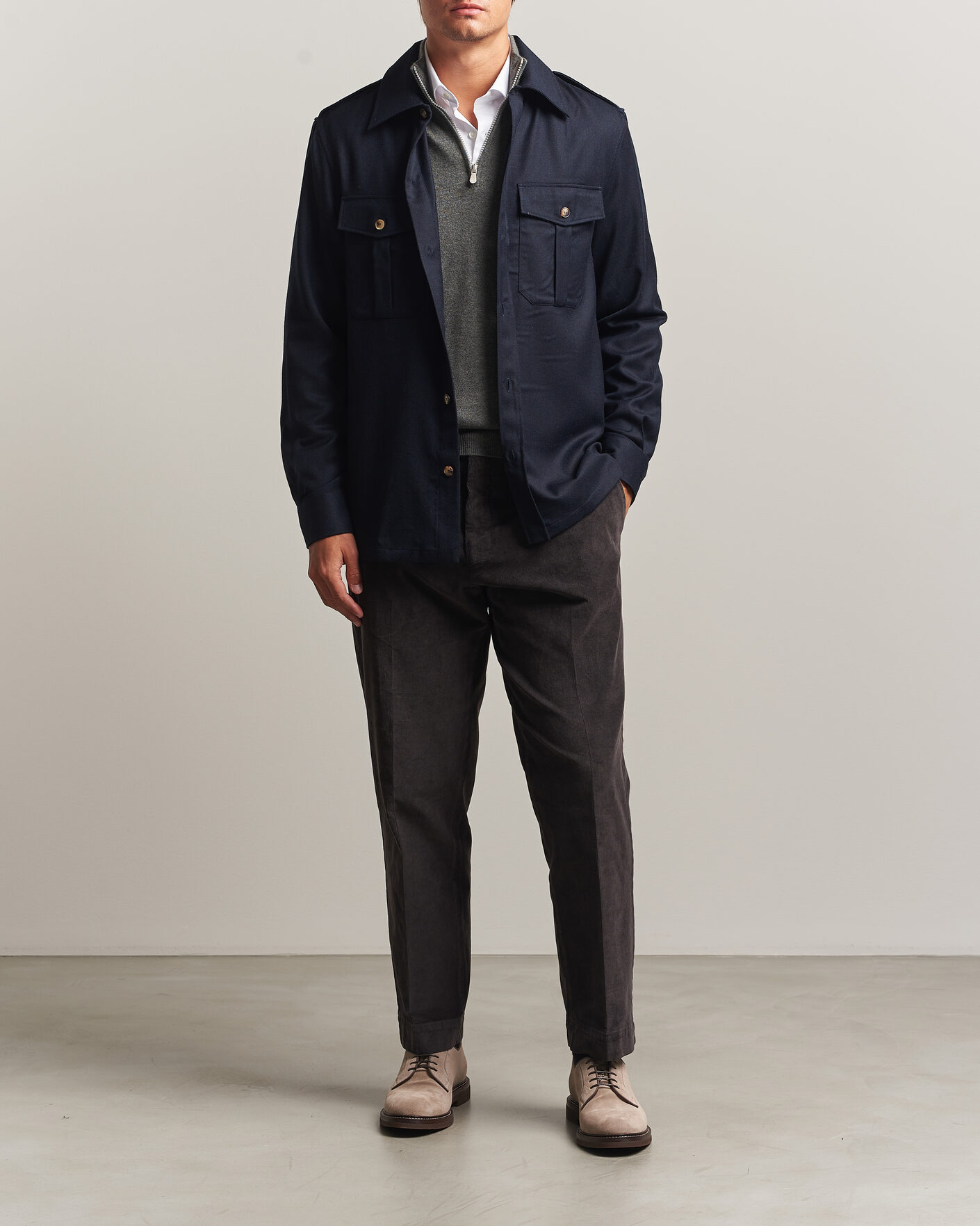 Herr | Skjortor | Brunello Cucinelli | Flannel Double Pocket Overshirt Navy
