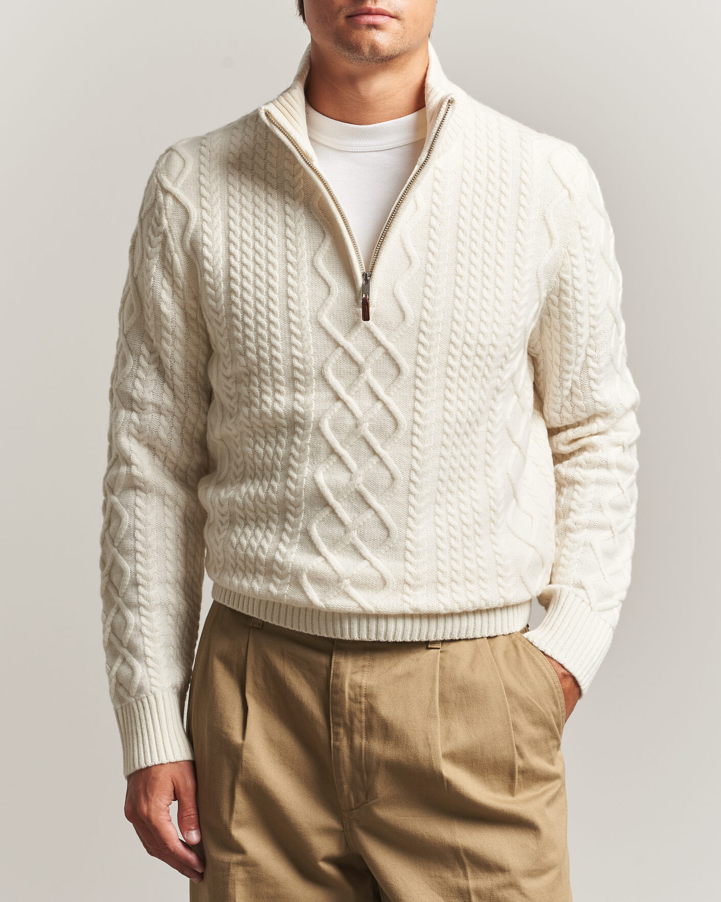 Herr | Tröjor | Gant | Wool Cable Knitted Half Zip Cream
