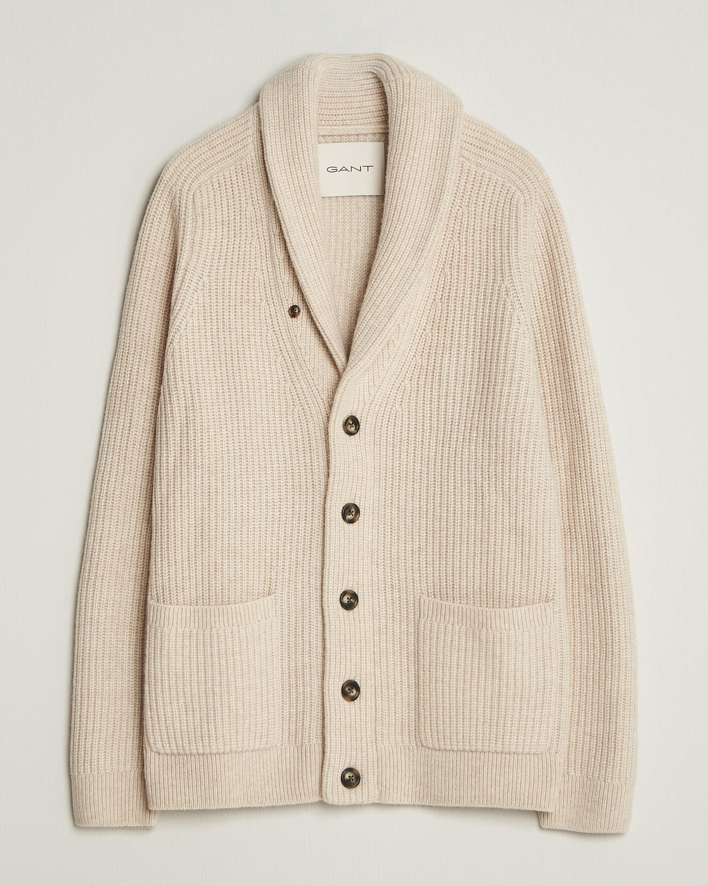 Herr | Tröjor | Gant | Wool/Cotton Ribbed Shawl Collar Cardigan Light Beige