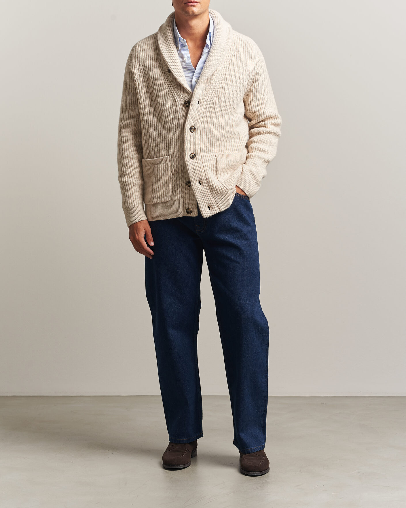 Herr | Tröjor | Gant | Wool/Cotton Ribbed Shawl Collar Cardigan Light Beige