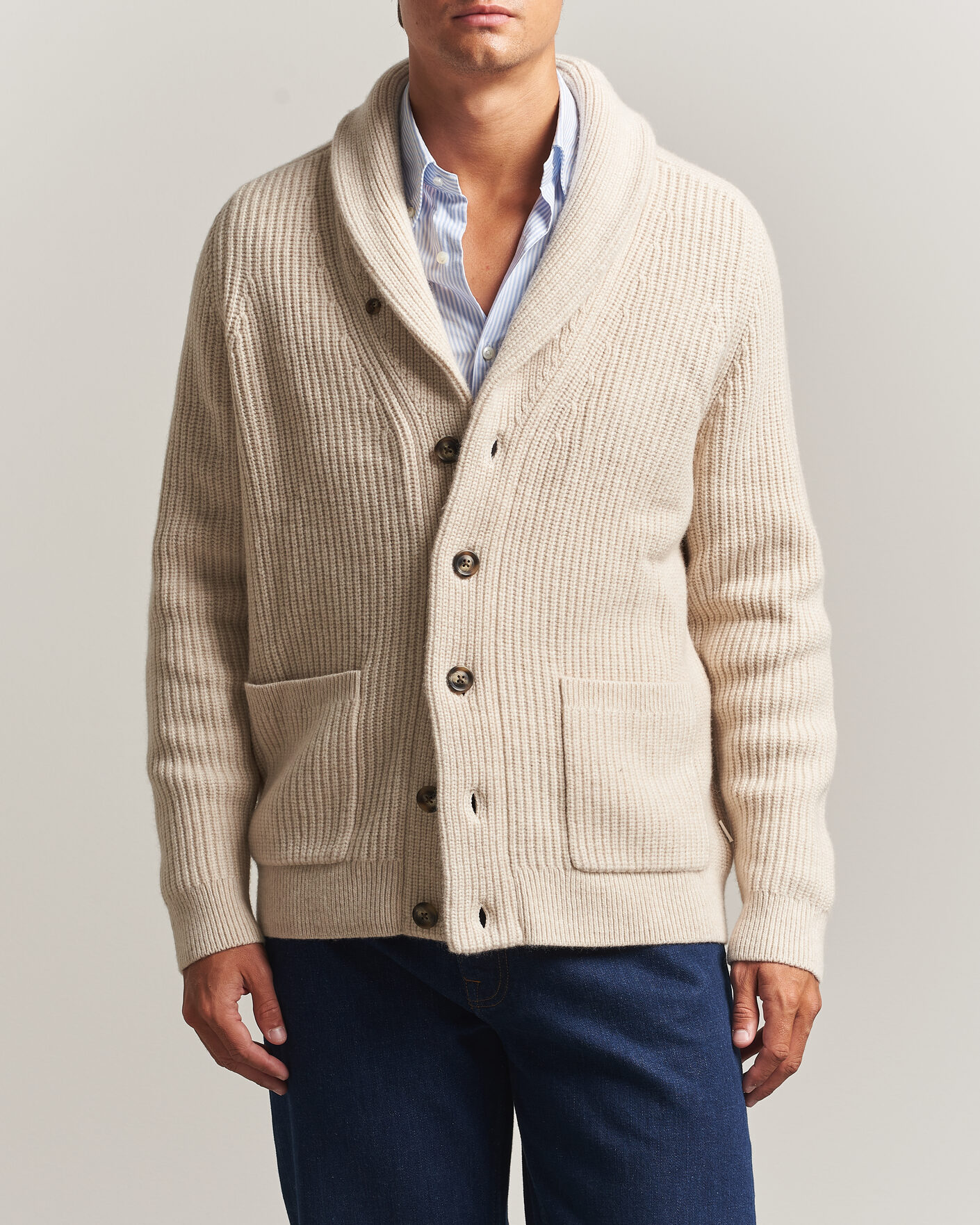 Herr | Tröjor | Gant | Wool/Cotton Ribbed Shawl Collar Cardigan Light Beige