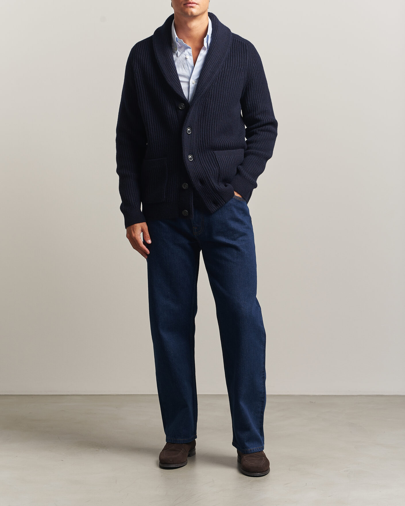 Herr | Tröjor | Gant | Wool/Cotton Ribbed Shawl Collar Cardigan Evening Blue