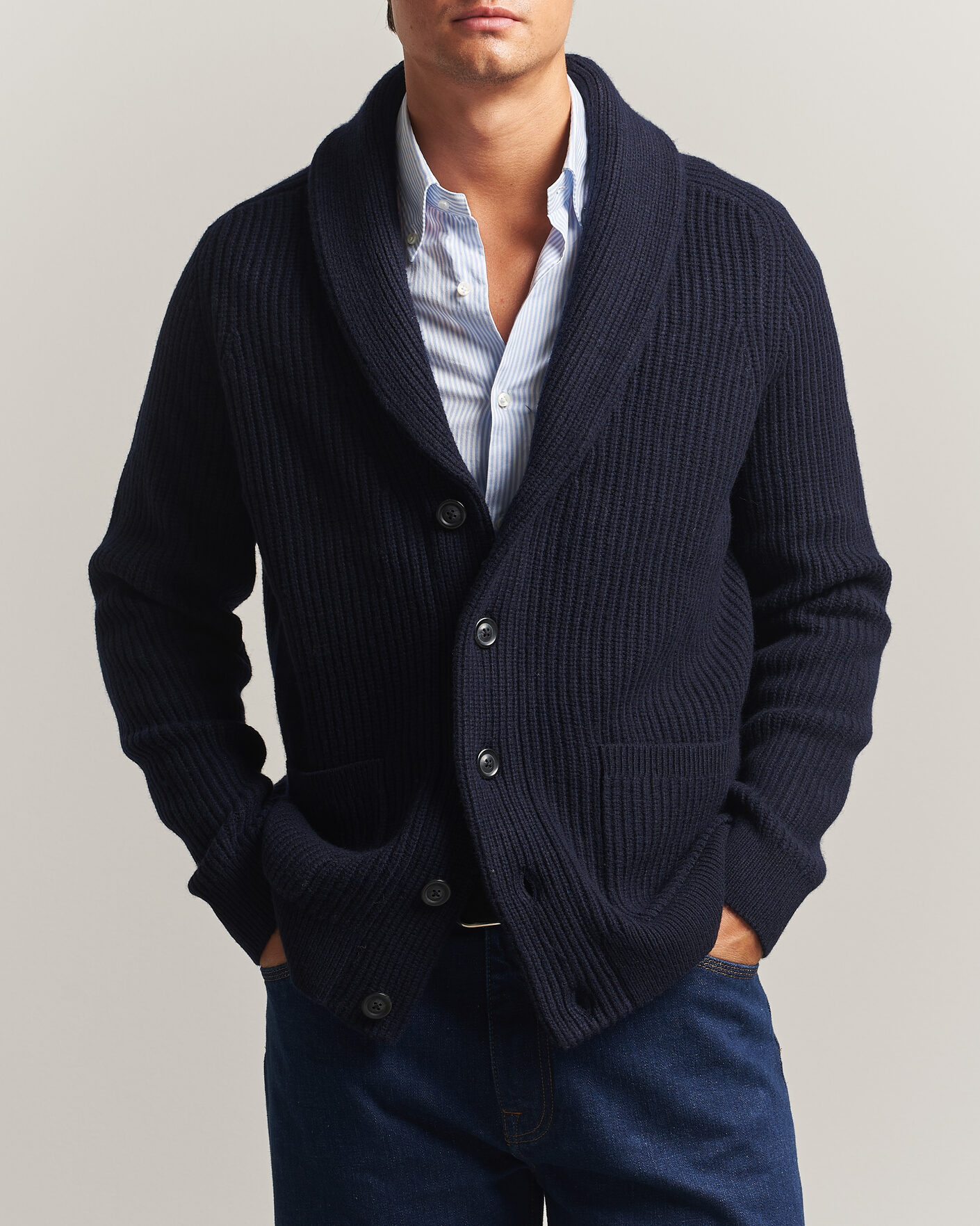 Herr | Tröjor | Gant | Wool/Cotton Ribbed Shawl Collar Cardigan Evening Blue