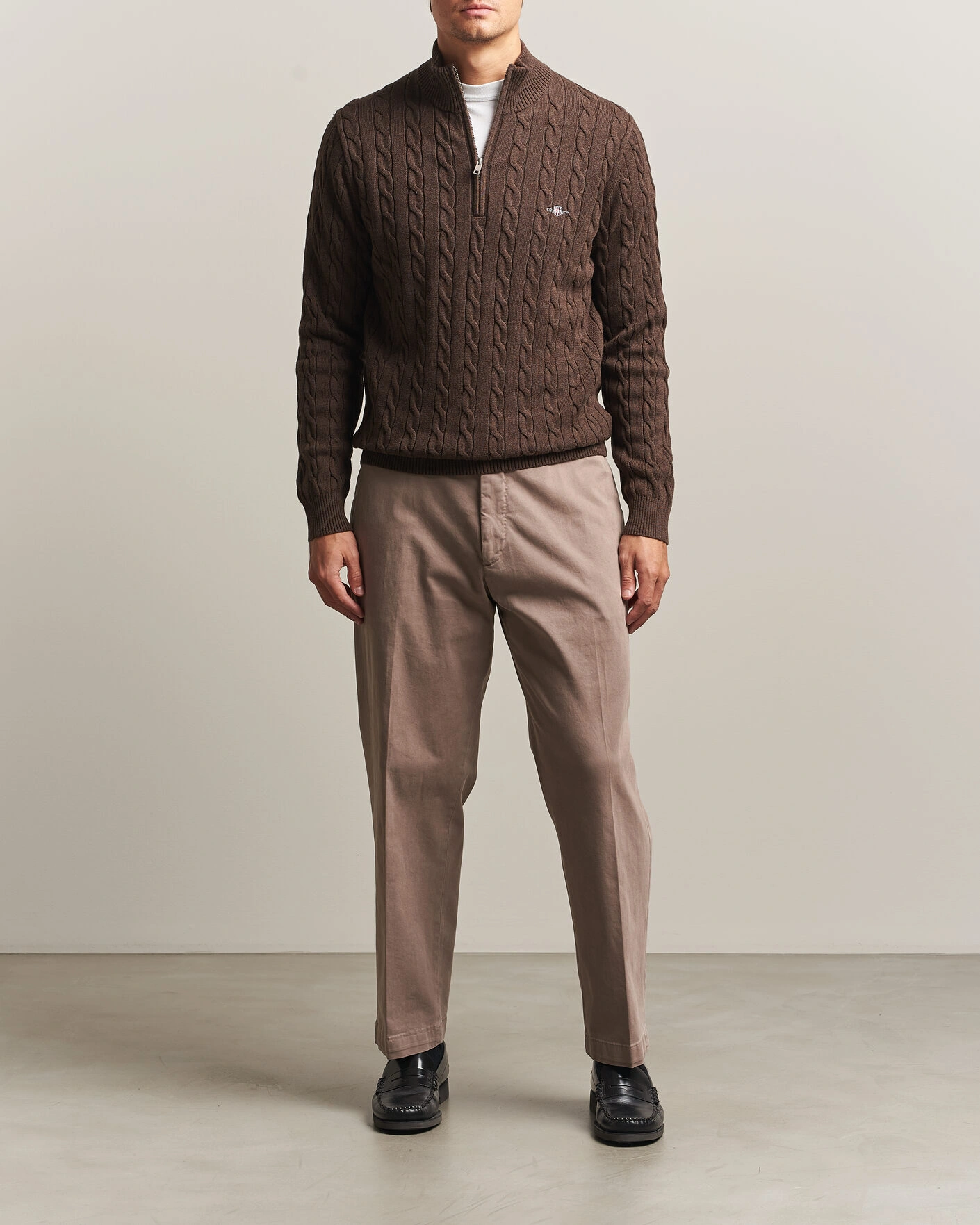 Herr | Tröjor | Gant | Cotton Cable Half Zip Black Brown Melange