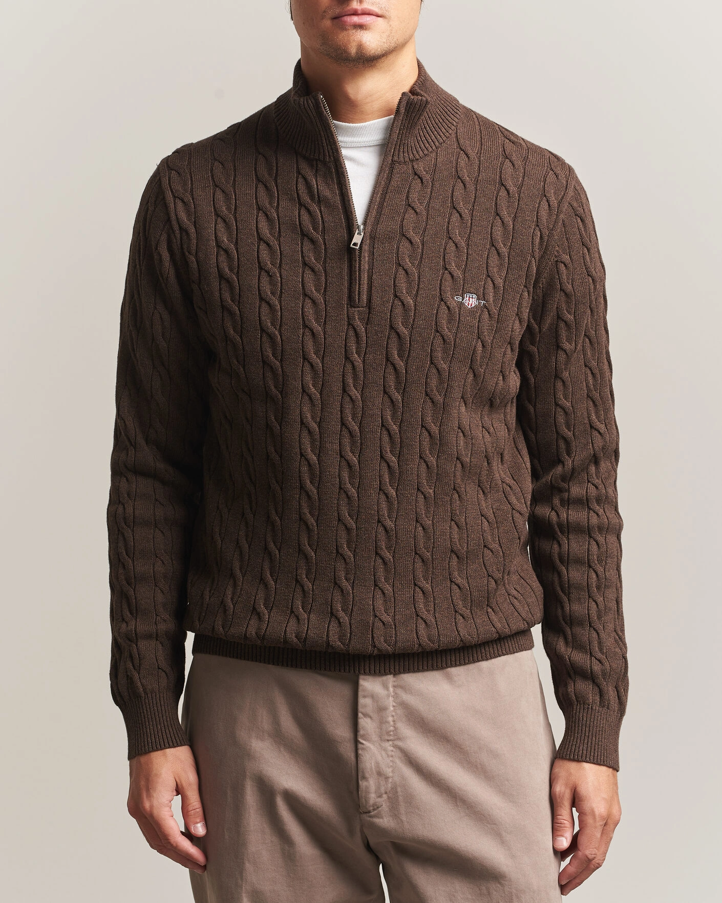 Herr | Tröjor | Gant | Cotton Cable Half Zip Black Brown Melange