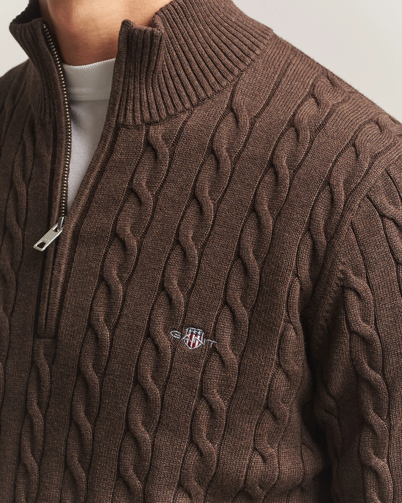 Herr | Tröjor | Gant | Cotton Cable Half Zip Black Brown Melange