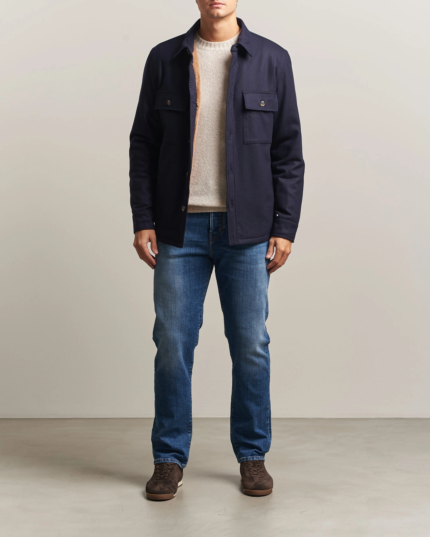 Herr | Jackor | Jacob Cohën | Wool Flannel Eco Fur Lined Shirt Jacket Navy