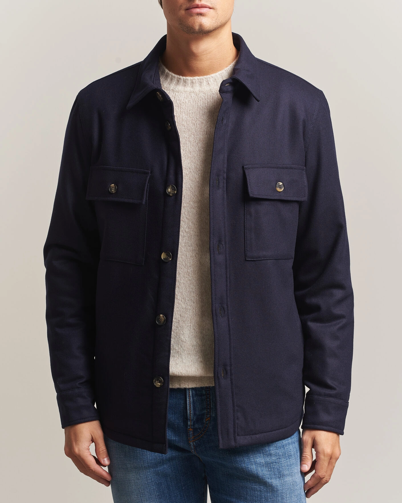 Herr | Jackor | Jacob Cohën | Wool Flannel Eco Fur Lined Shirt Jacket Navy