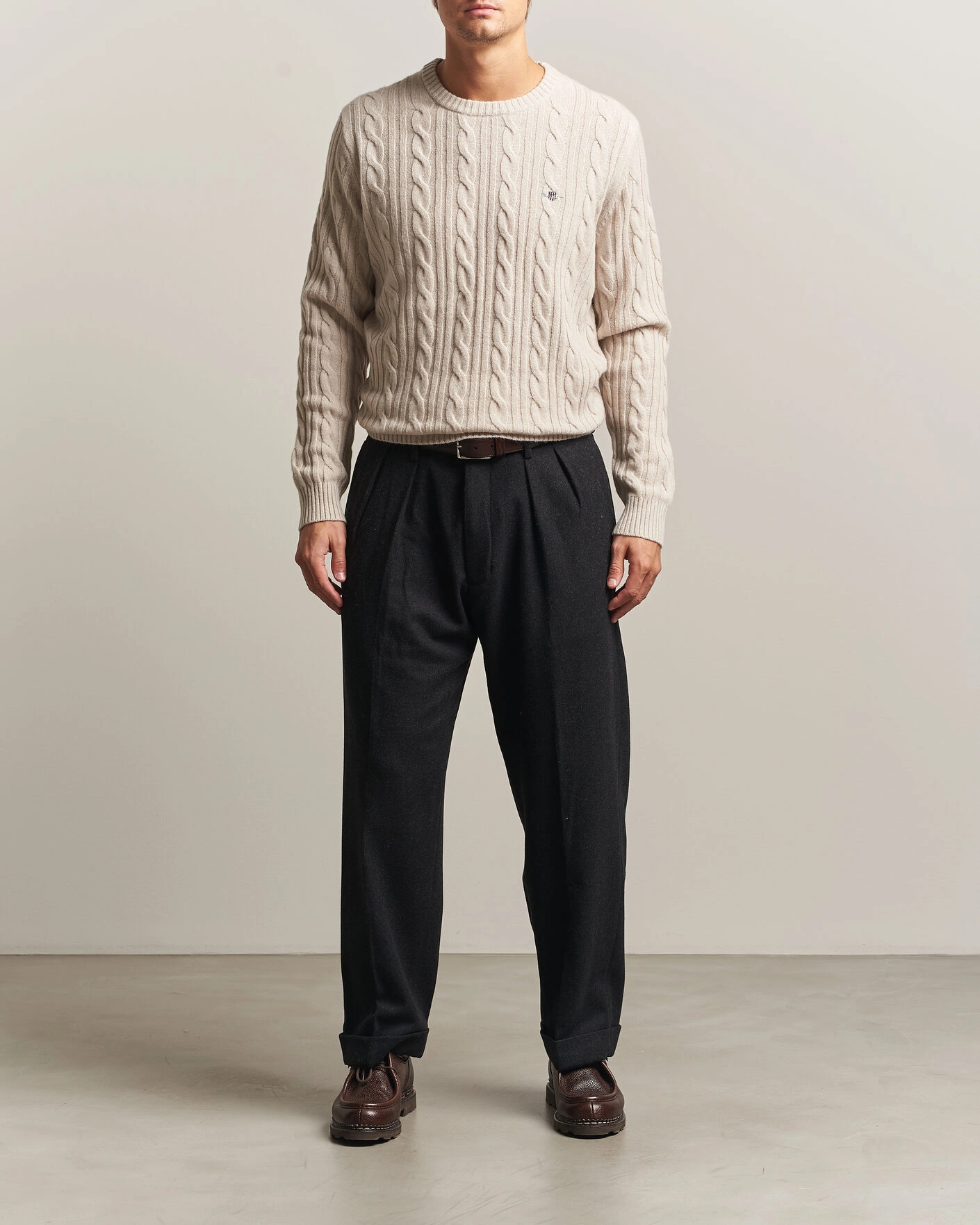 Herr | Tröjor | Gant | Lambswool Cable Crew Neck Clay Beige