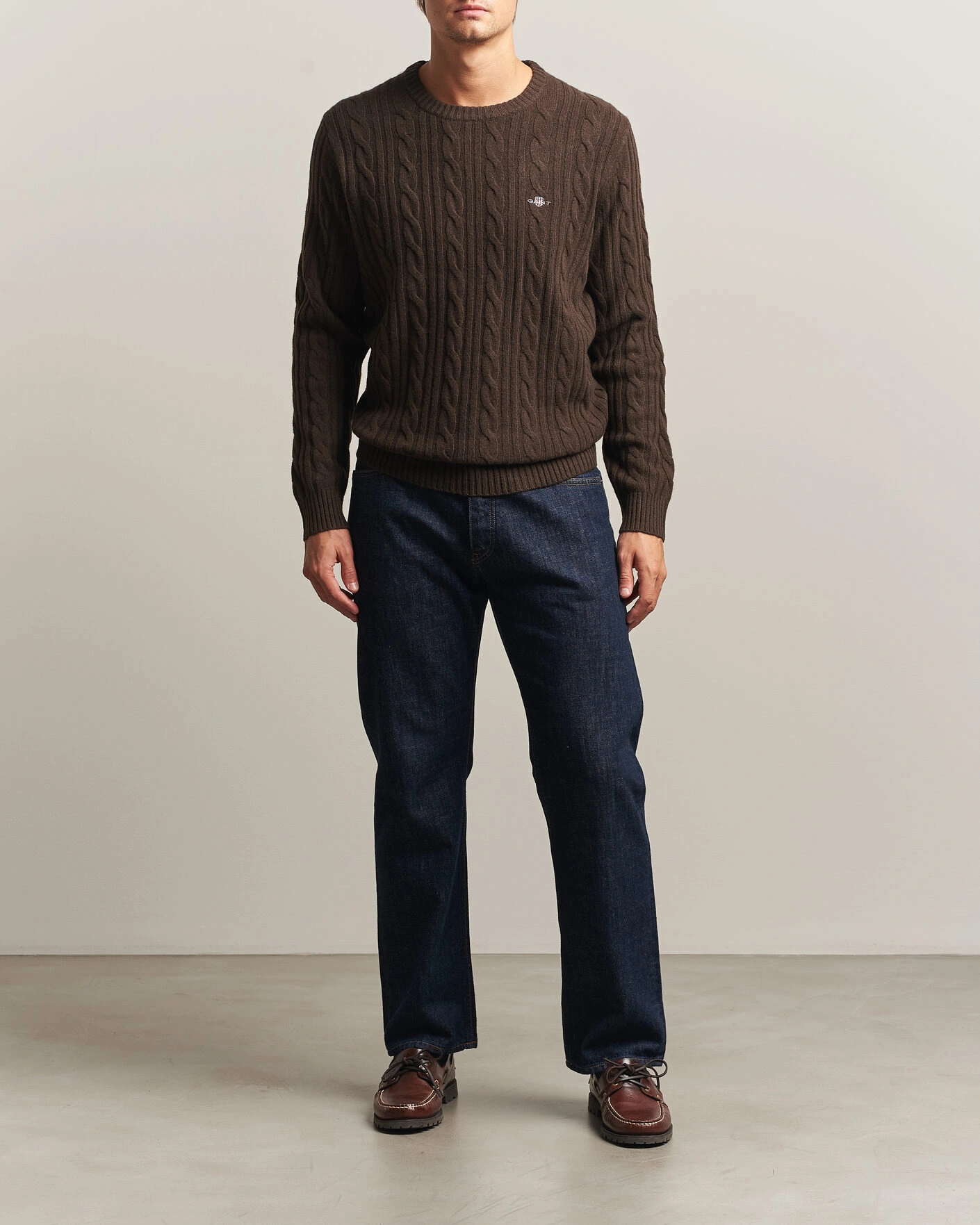 Herr | Tröjor | Gant | Lambswool Cable Crew Neck Black Brown