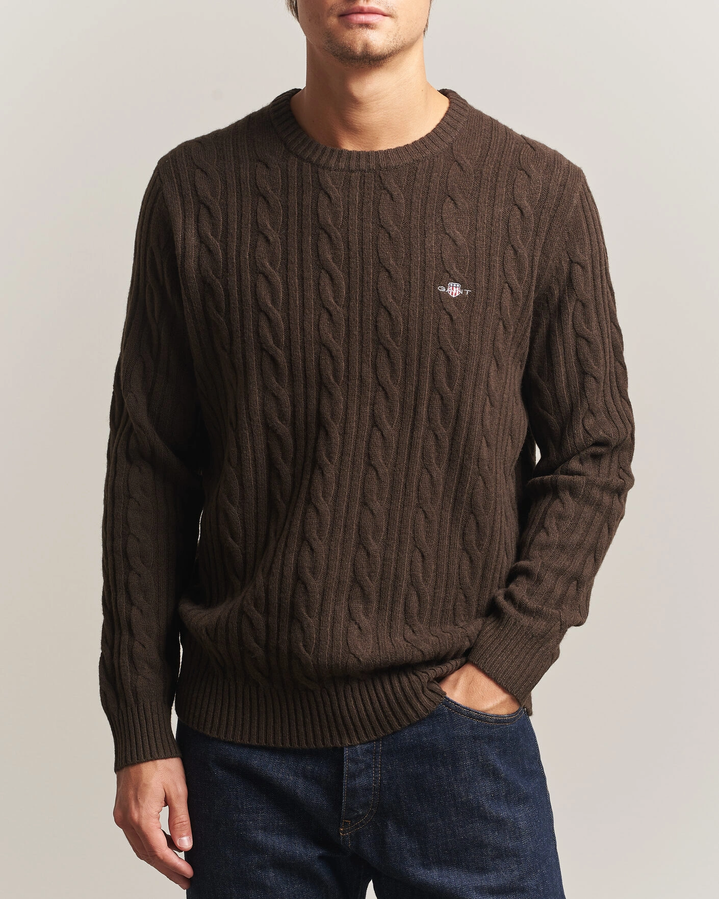 Herr | Tröjor | Gant | Lambswool Cable Crew Neck Black Brown