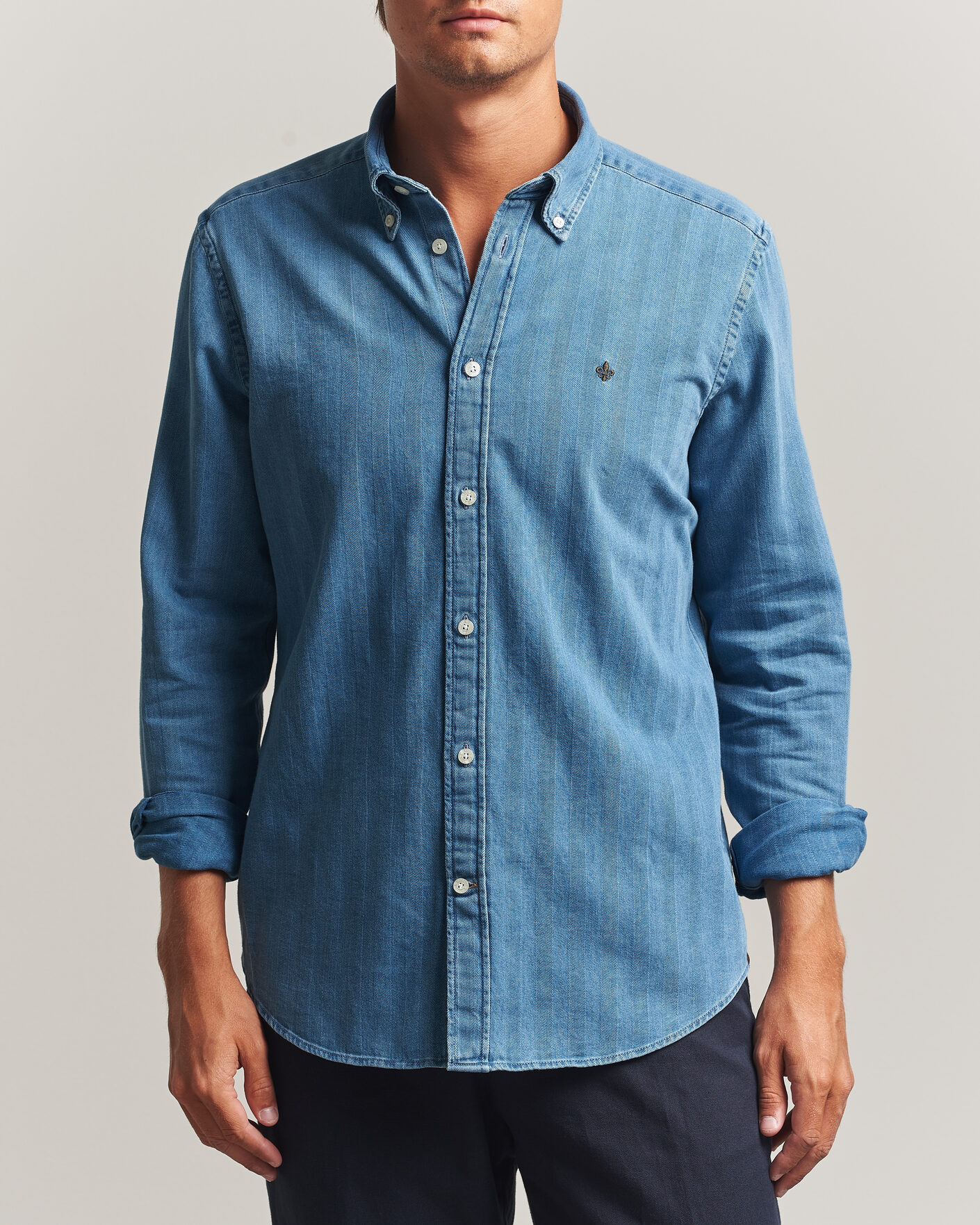 Herr | Skjortor | Morris | Indigo Herringbone Shirt Light Blue
