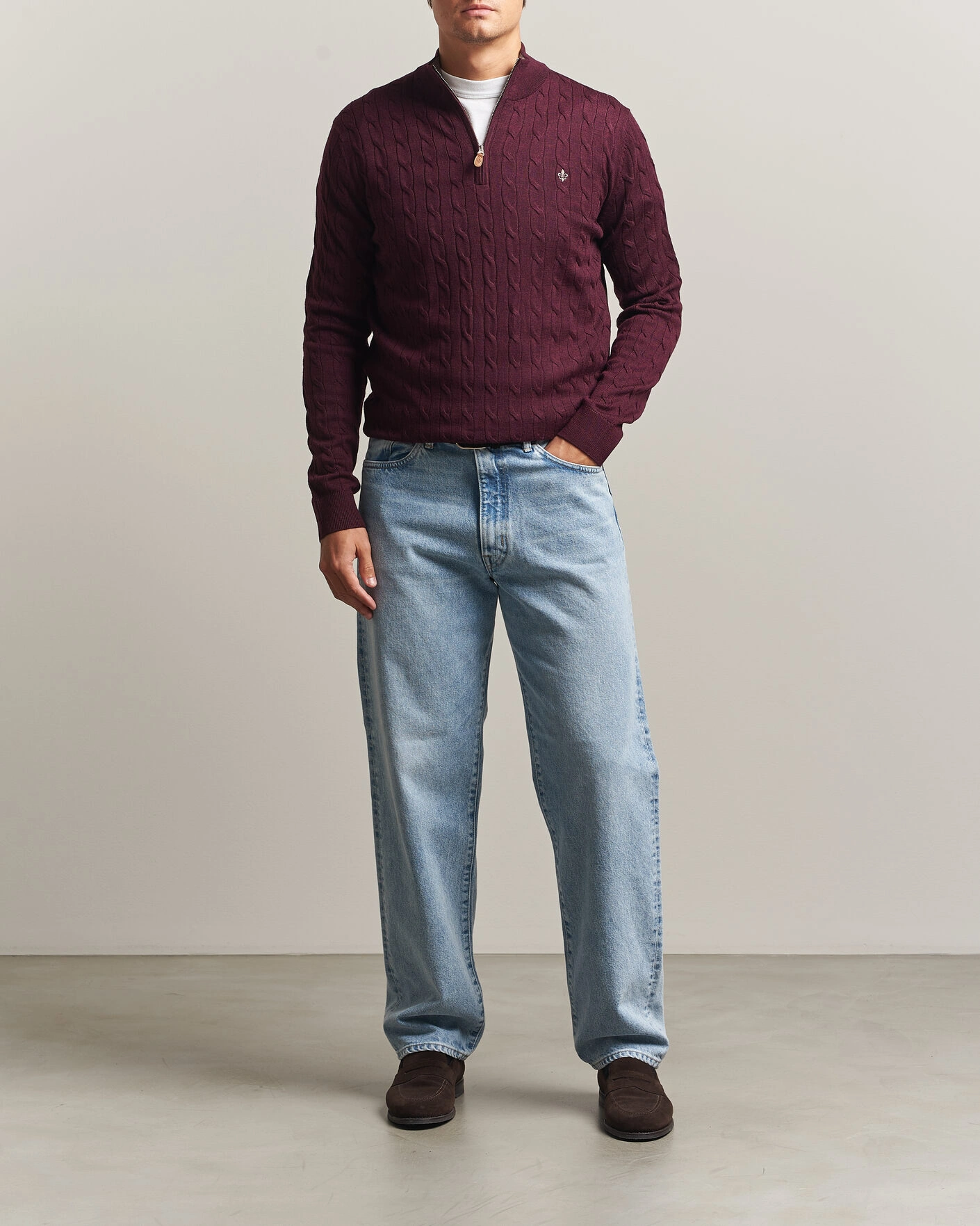 Herr | Tröjor | Morris | Merino Cable Half Zip Wine Red
