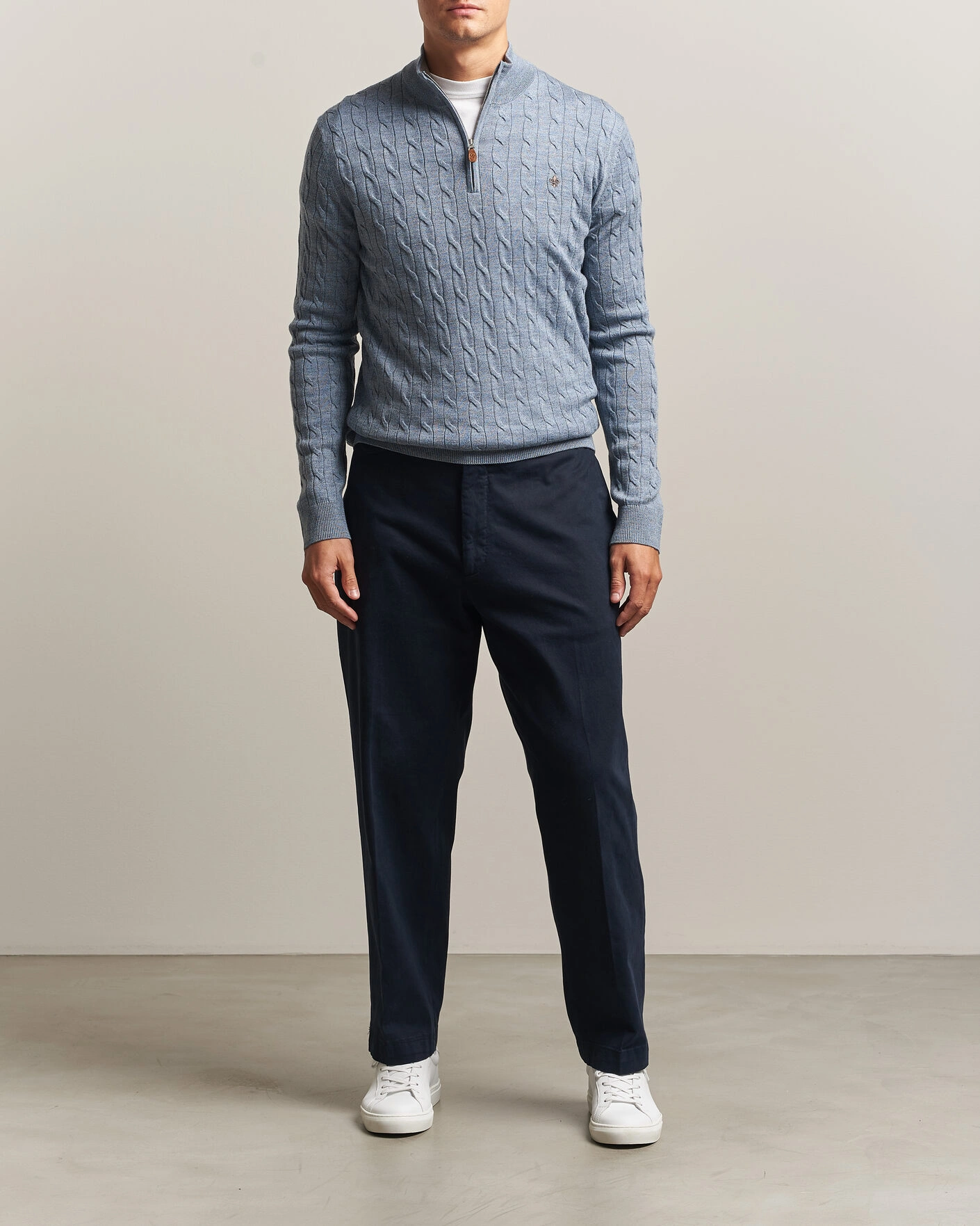 Herr | Tröjor | Morris | Merino Cable Half Zip Light Blue