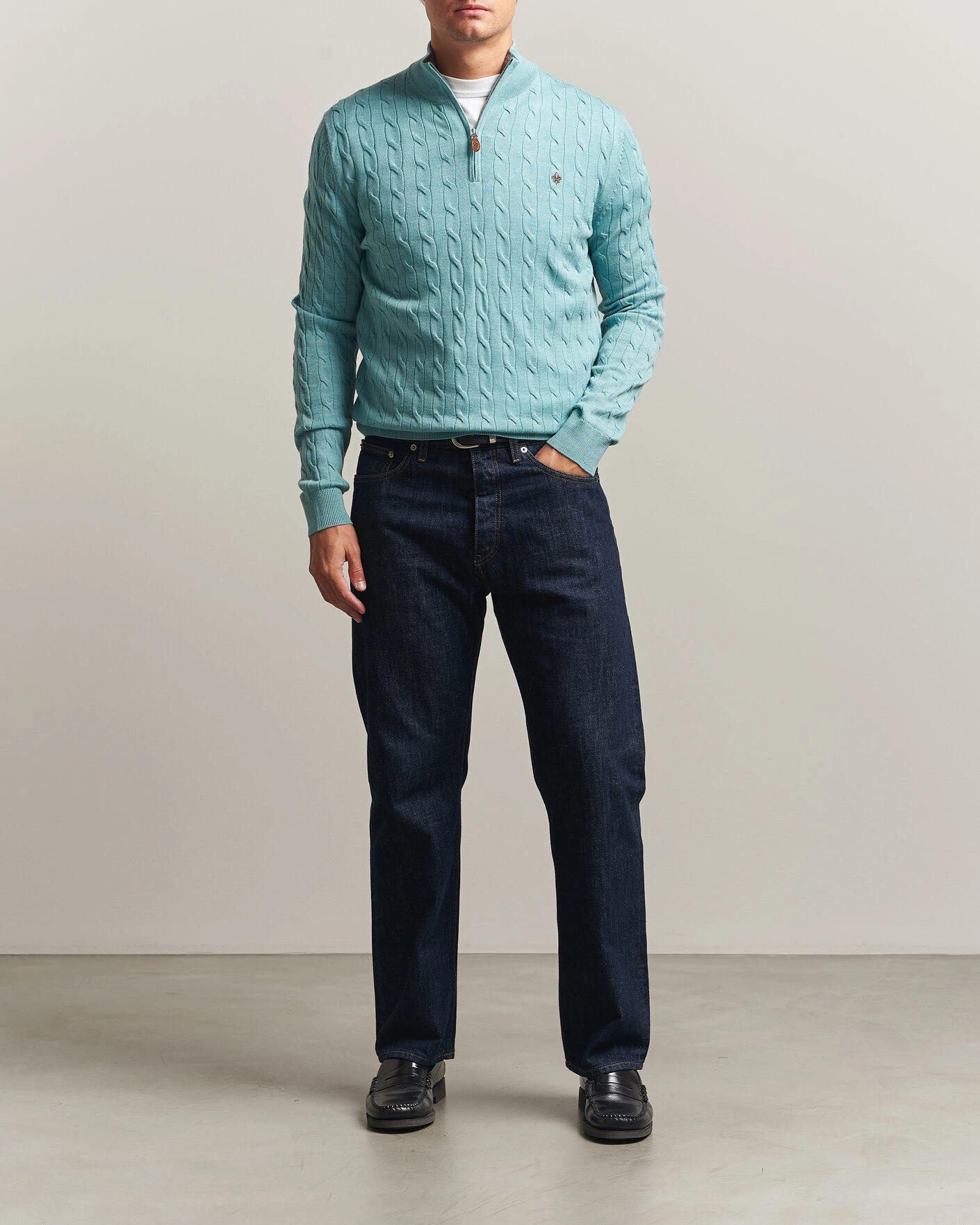 Herr | Tröjor | Morris | Merino Cable Half Zip Ocean Blue