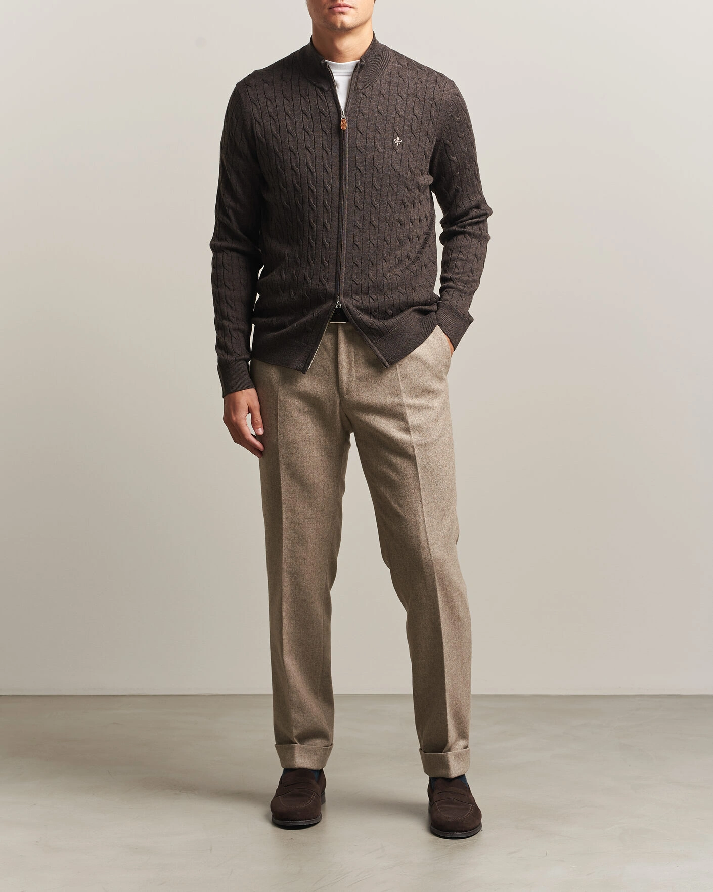 Herr | Tröjor | Morris | Merino Cable Zip Cardigan Brown