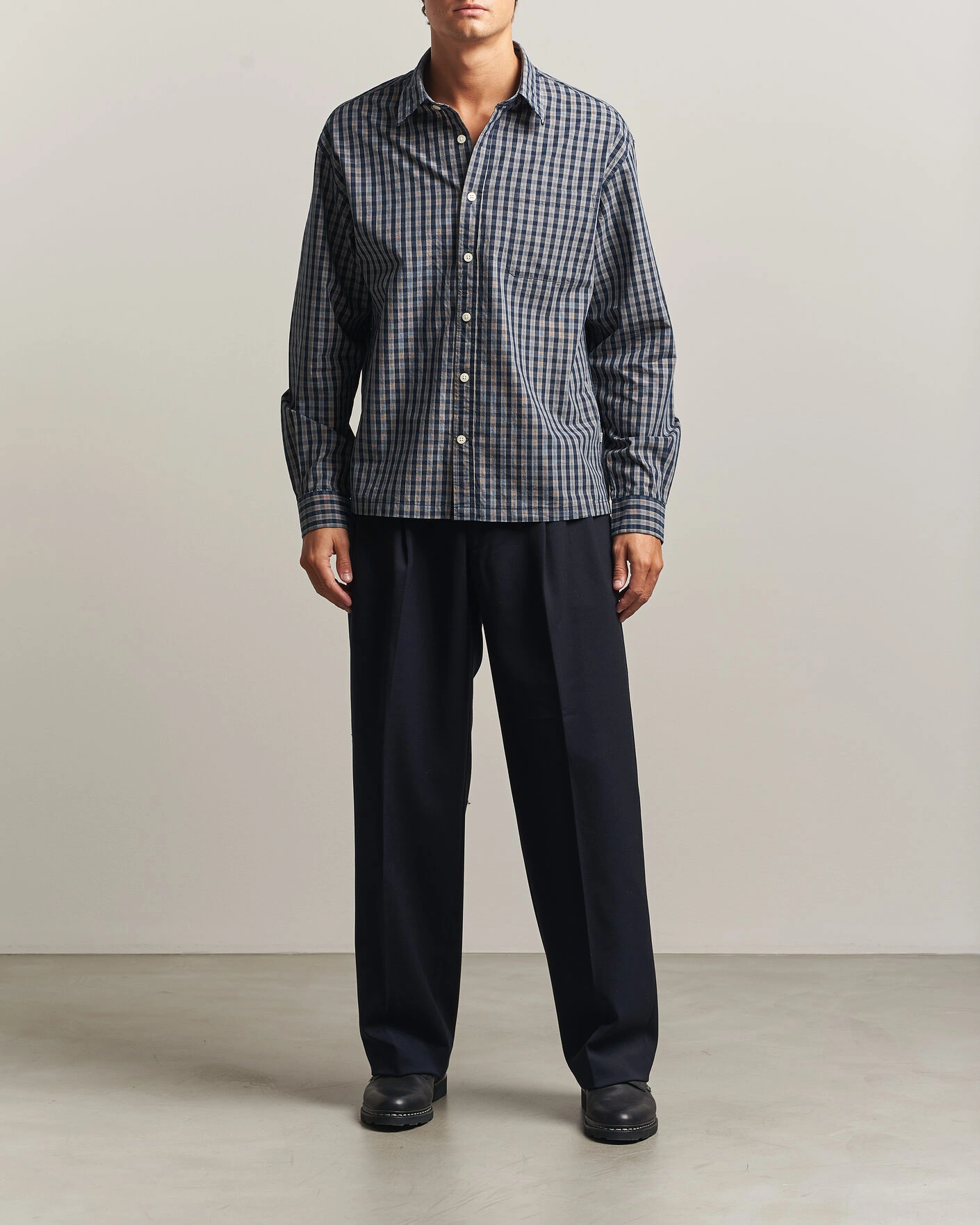 Herr | Skjortor | NN07 | Deon Brushed Cotton Checked Shirt Navy Blue