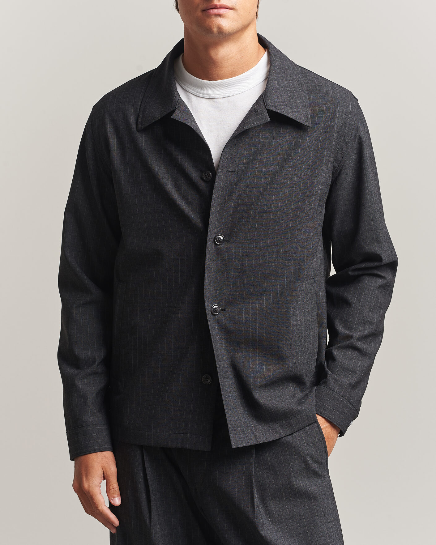 Herr | Skjortor | NN07 | Zander Wool Pinstriped Overshirt Dark Grey