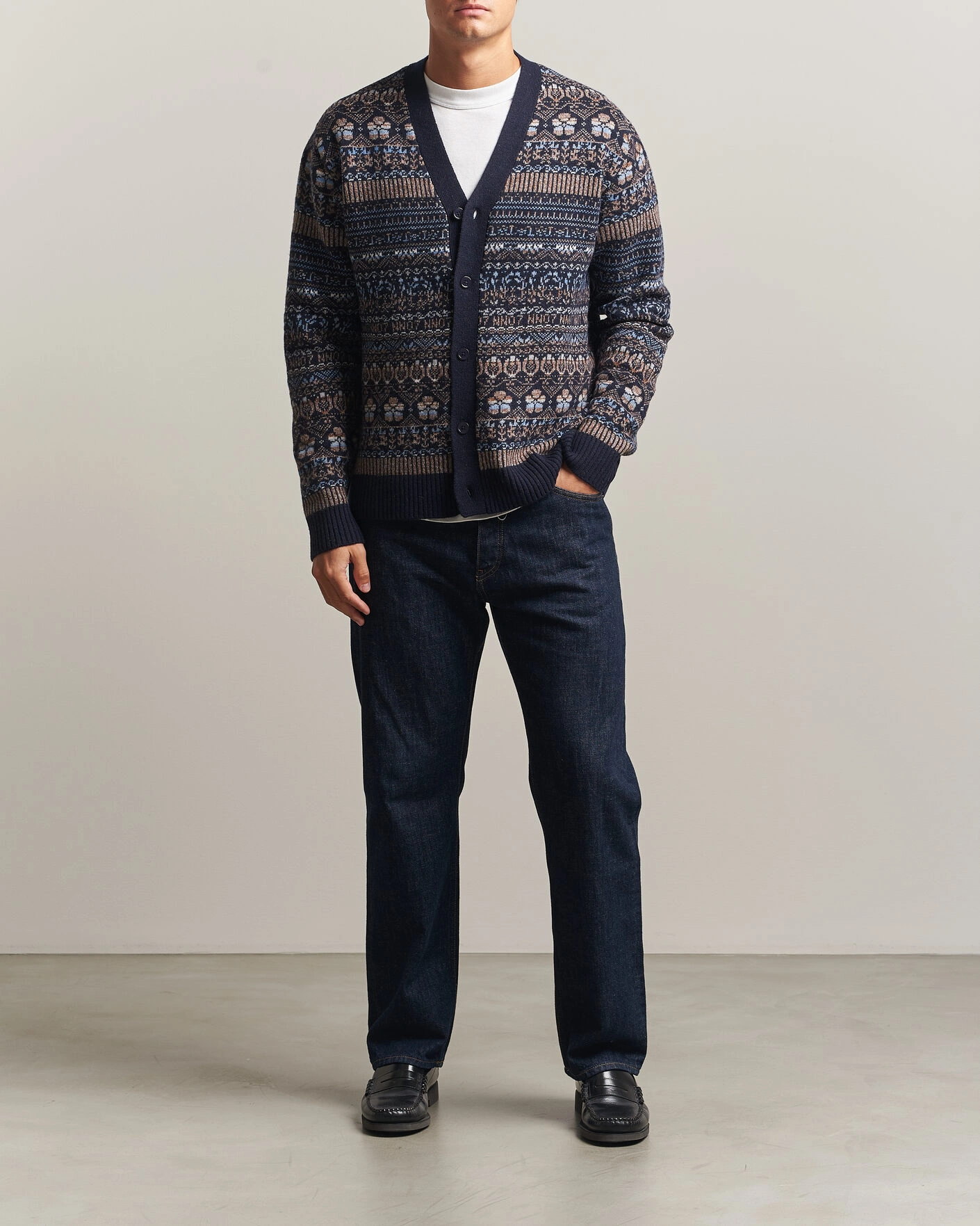 Herr | Tröjor | NN07 | Tobias Fairisle Wool Knitted Cardigan Navy Blue