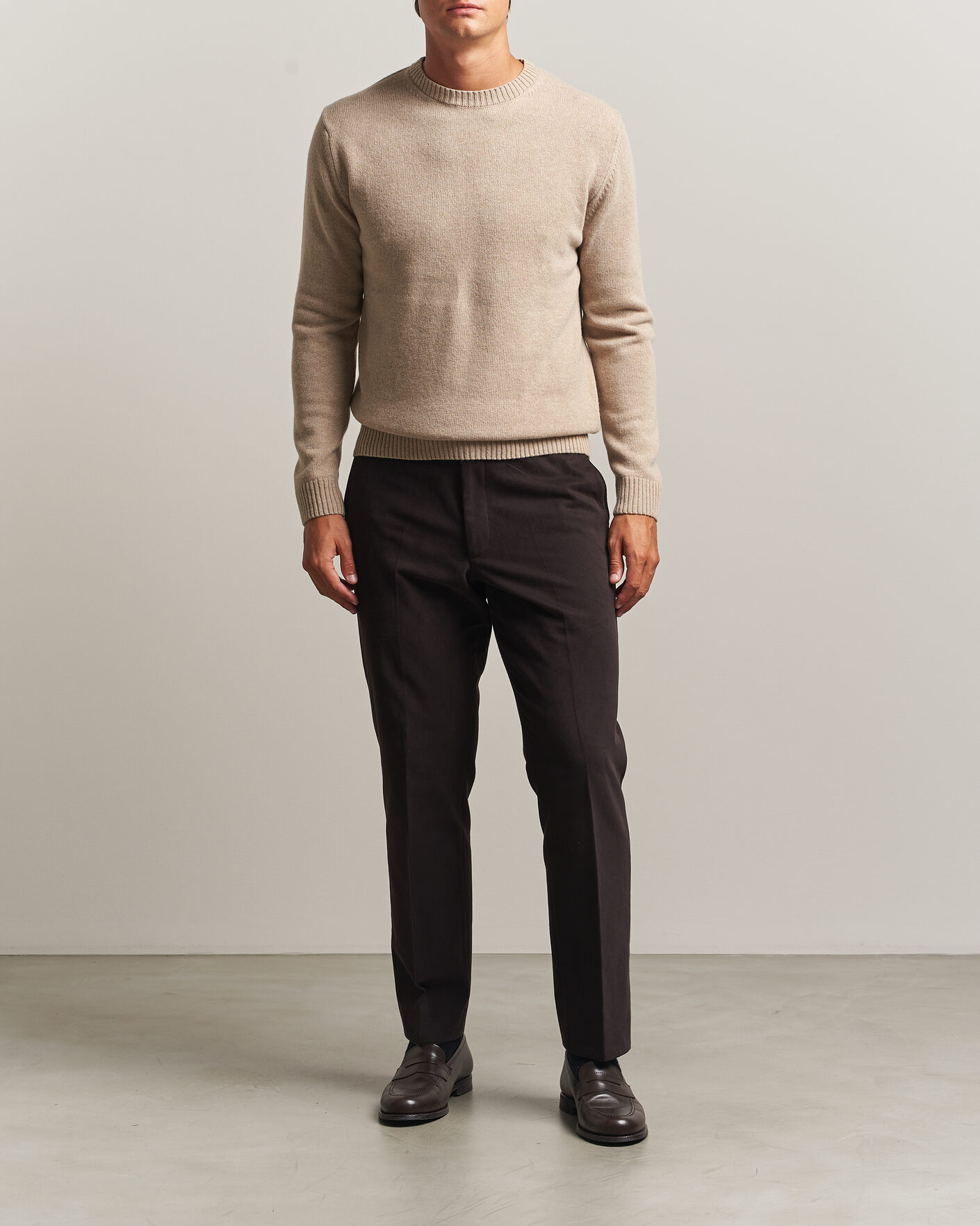 Herr | Tröjor | Stenströms | Brushed Merino Crew Neck Beige