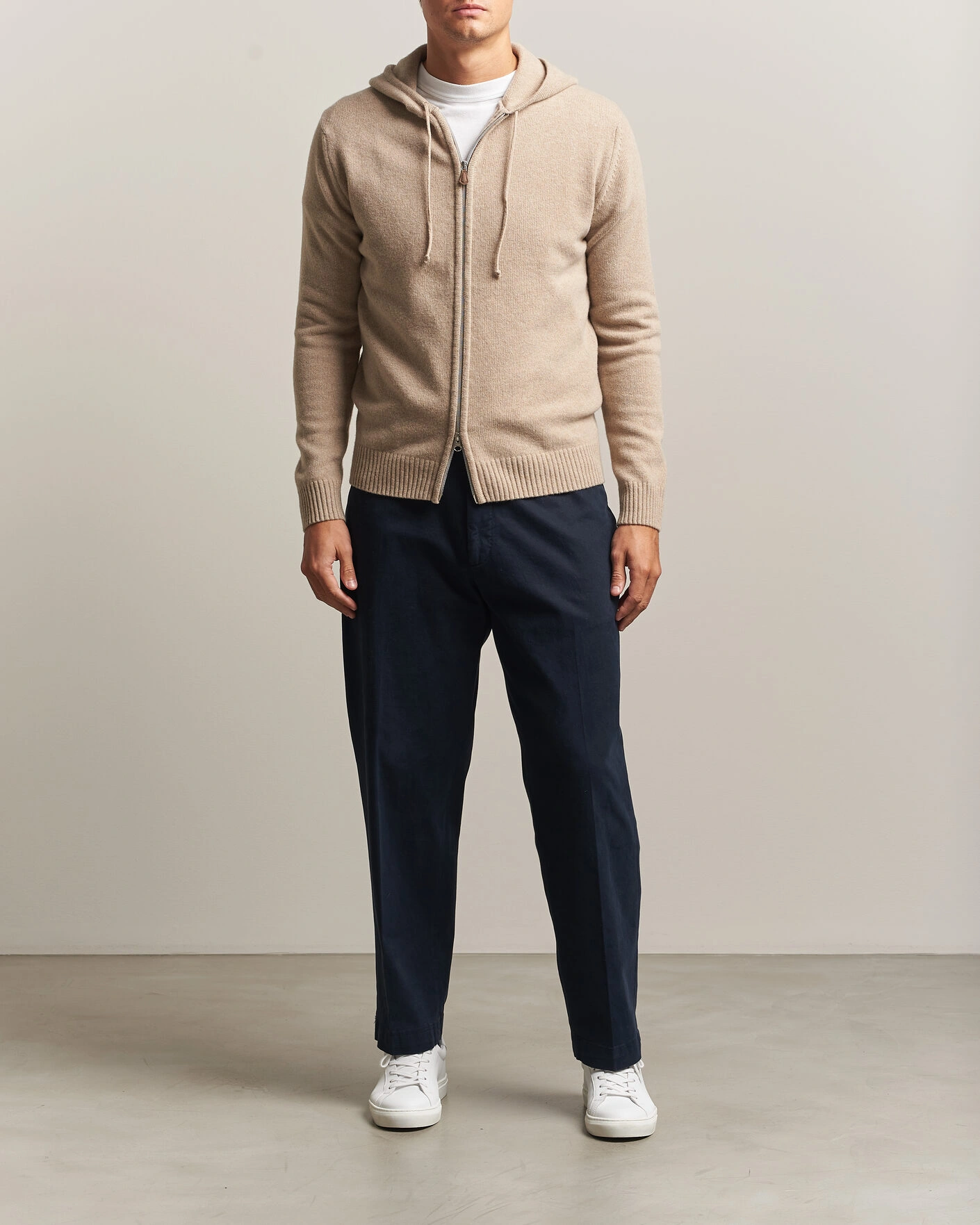 Herr | Tröjor | Stenströms | Brushed Merino Full-Zip Hood Beige