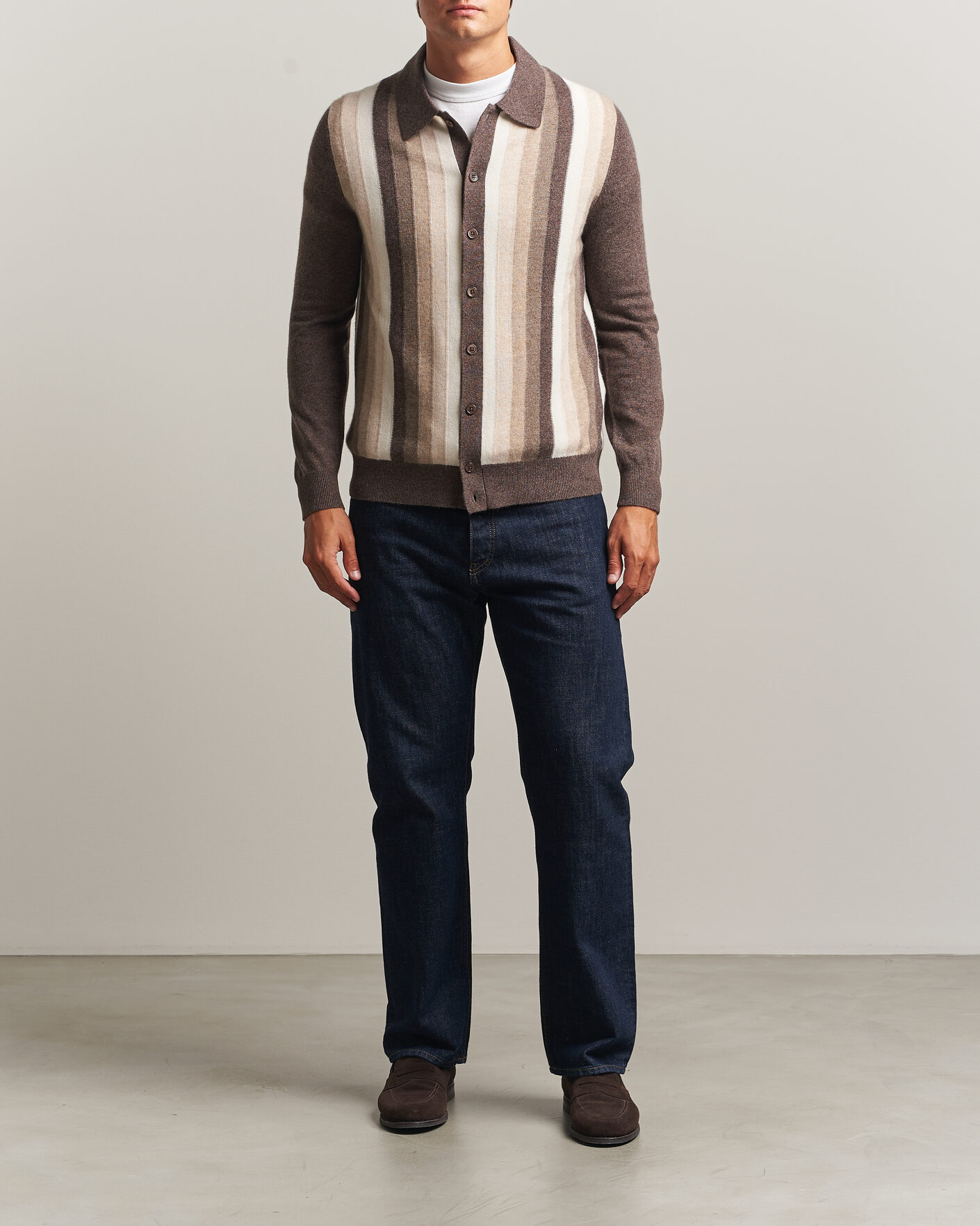 Herr | Tröjor | Stenströms | Cashmere Striped Polo Cardigan Brown