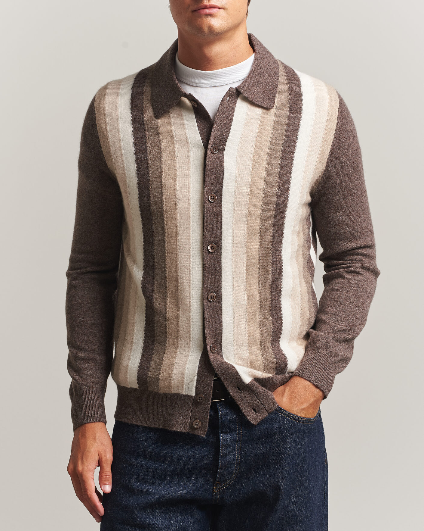 Herr | Tröjor | Stenströms | Cashmere Striped Polo Cardigan Brown