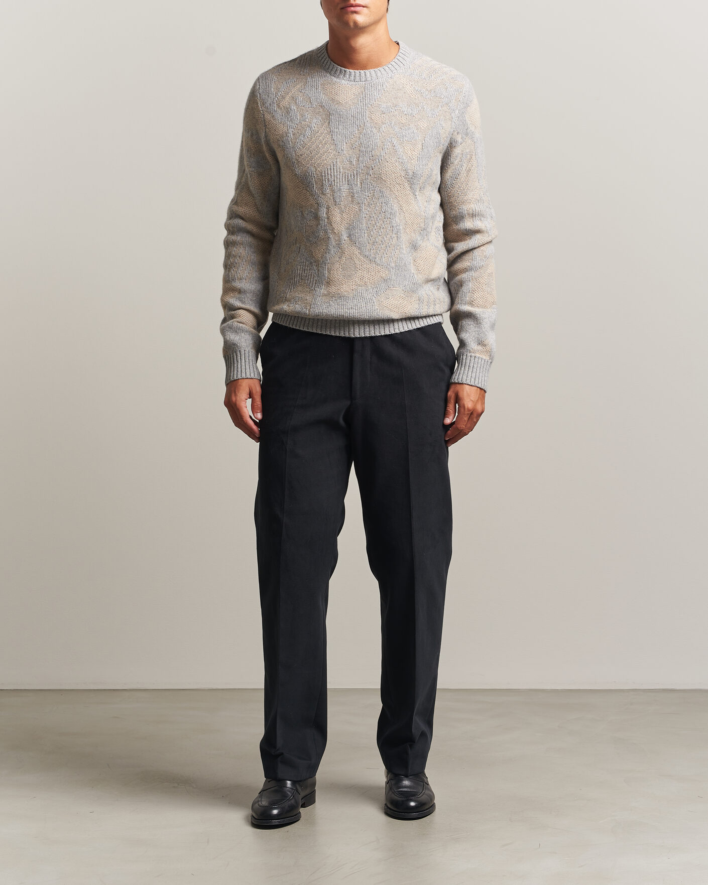 Herr | Tröjor | Stenströms | Knitted Jaquard Yak/Merino Sweater Beige Grey