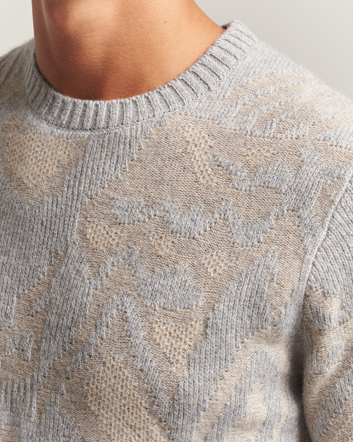 Herr | Tröjor | Stenströms | Knitted Jaquard Yak/Merino Sweater Beige Grey