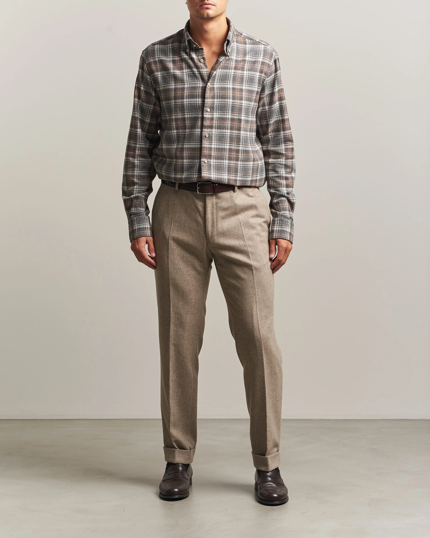 Herr | Skjortor | Stenströms | Regular Fit Check Cut Away Flannel Shirt Brown